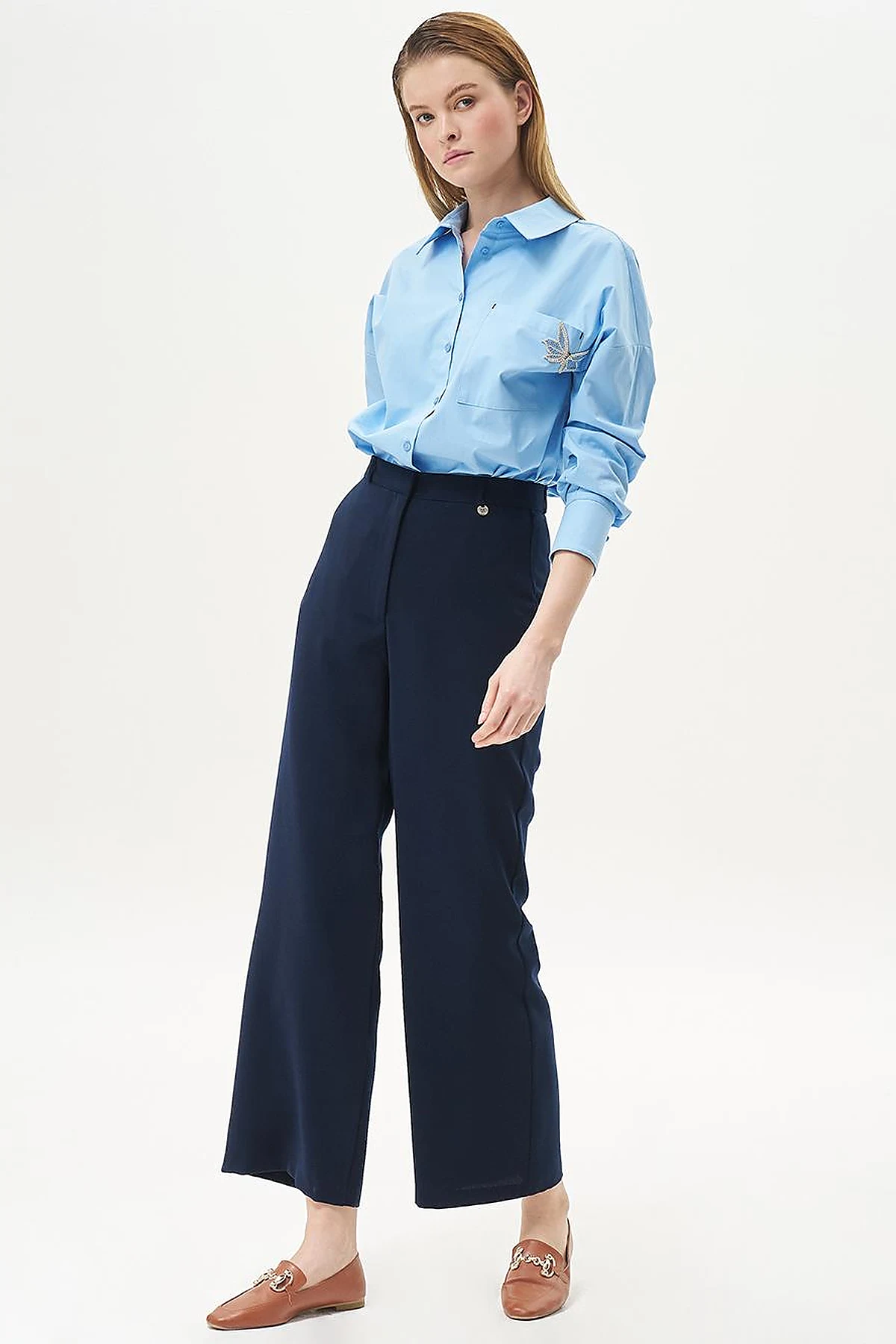 Basic Wide-Leg Crepe Pants Navy Blue