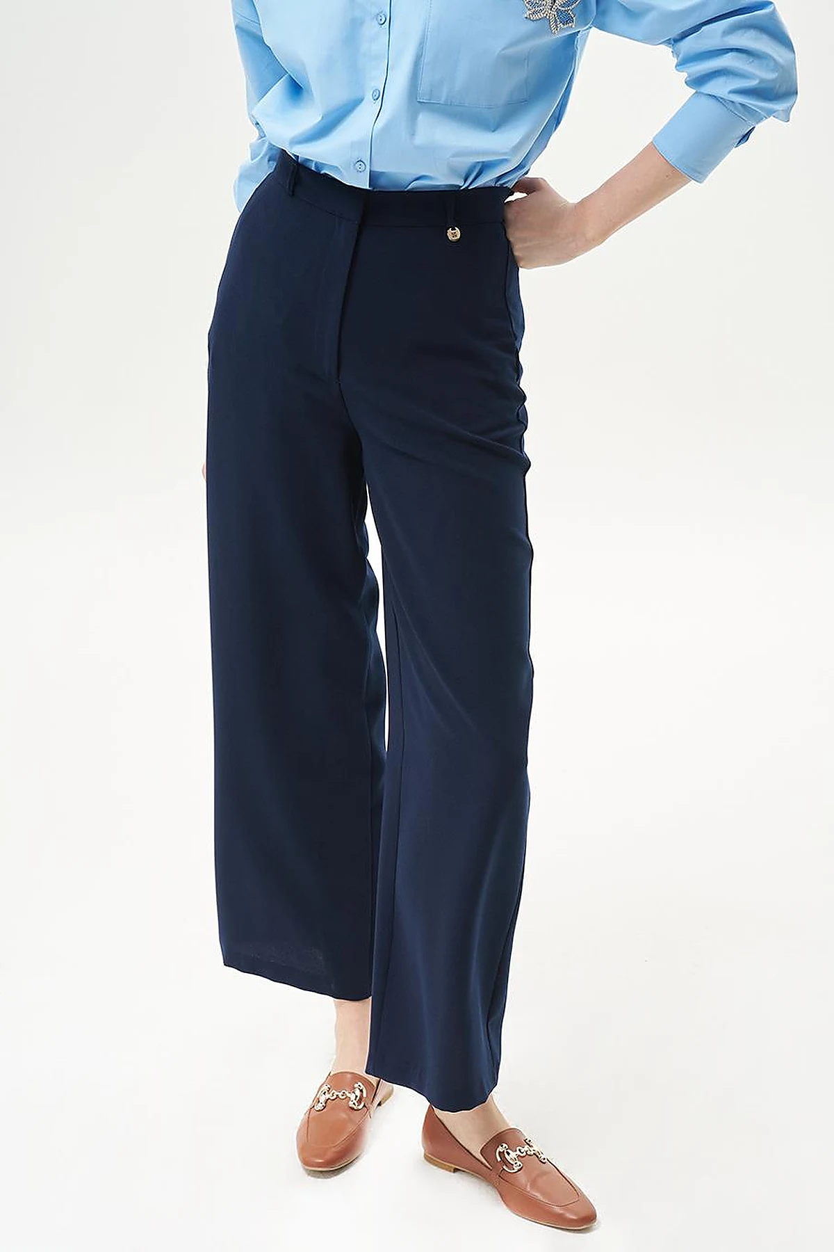 Basic Wide-Leg Crepe Pants Navy Blue