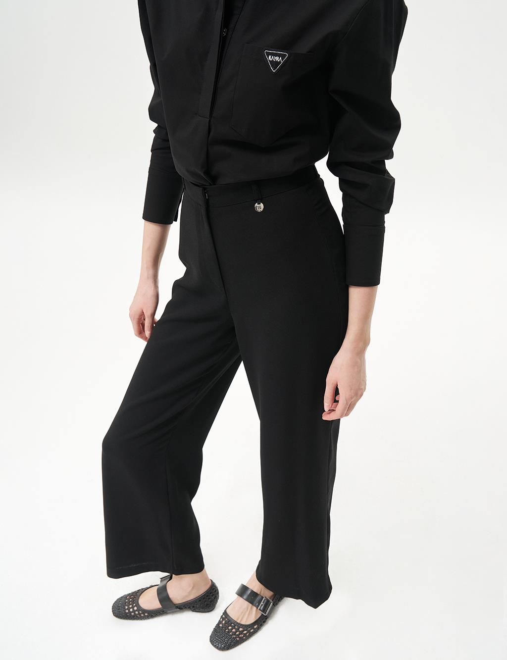 Basic Geniş Paça Krep Pantolon Siyah