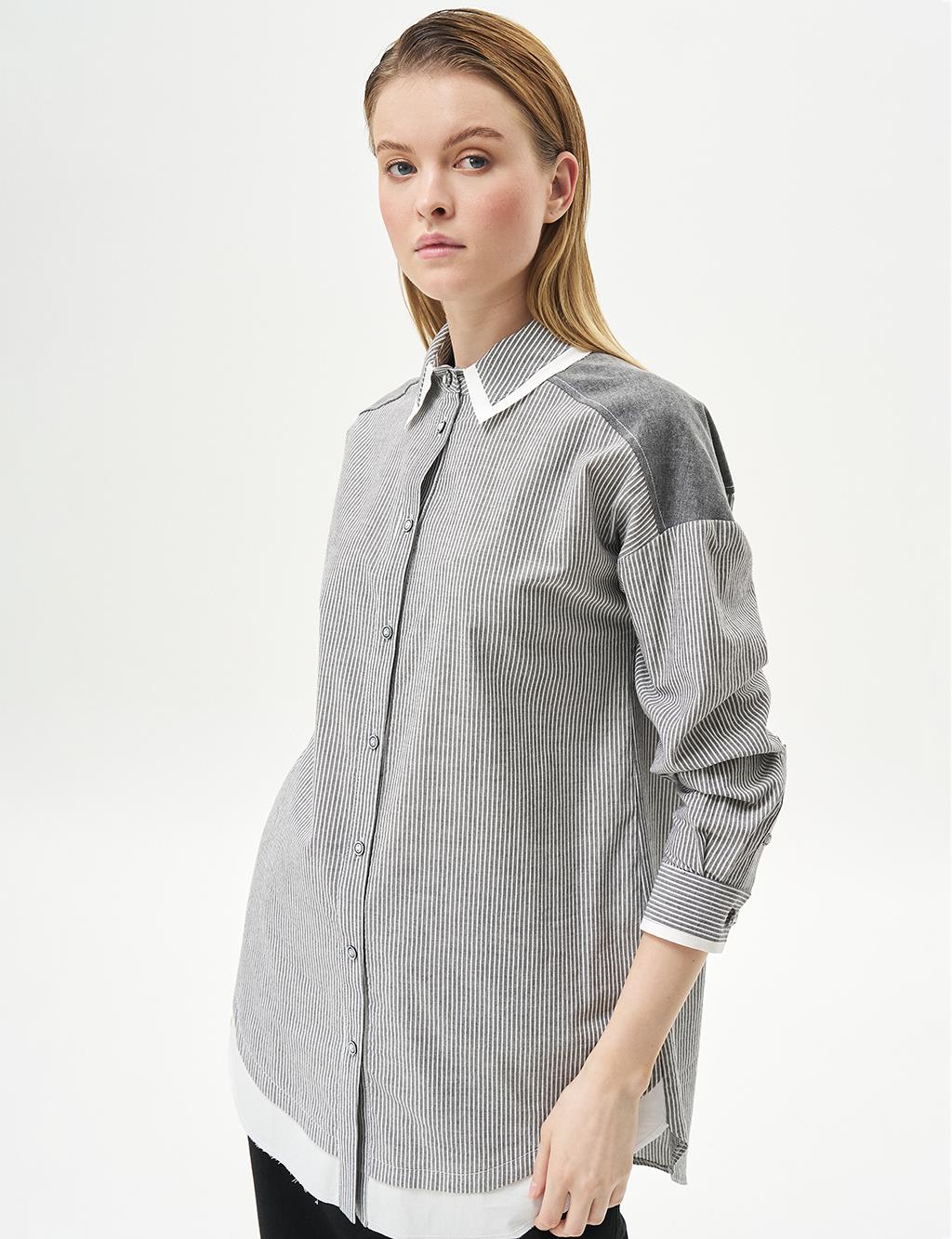 Stripe Pattern Denim Mixed Tunic Black