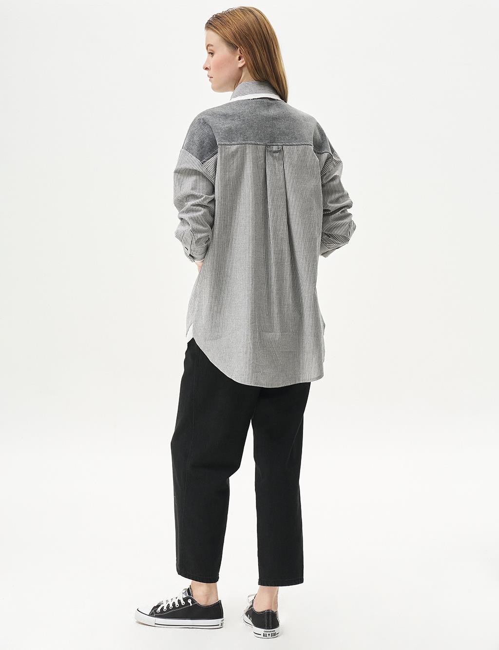 Stripe Pattern Denim Mixed Tunic Black