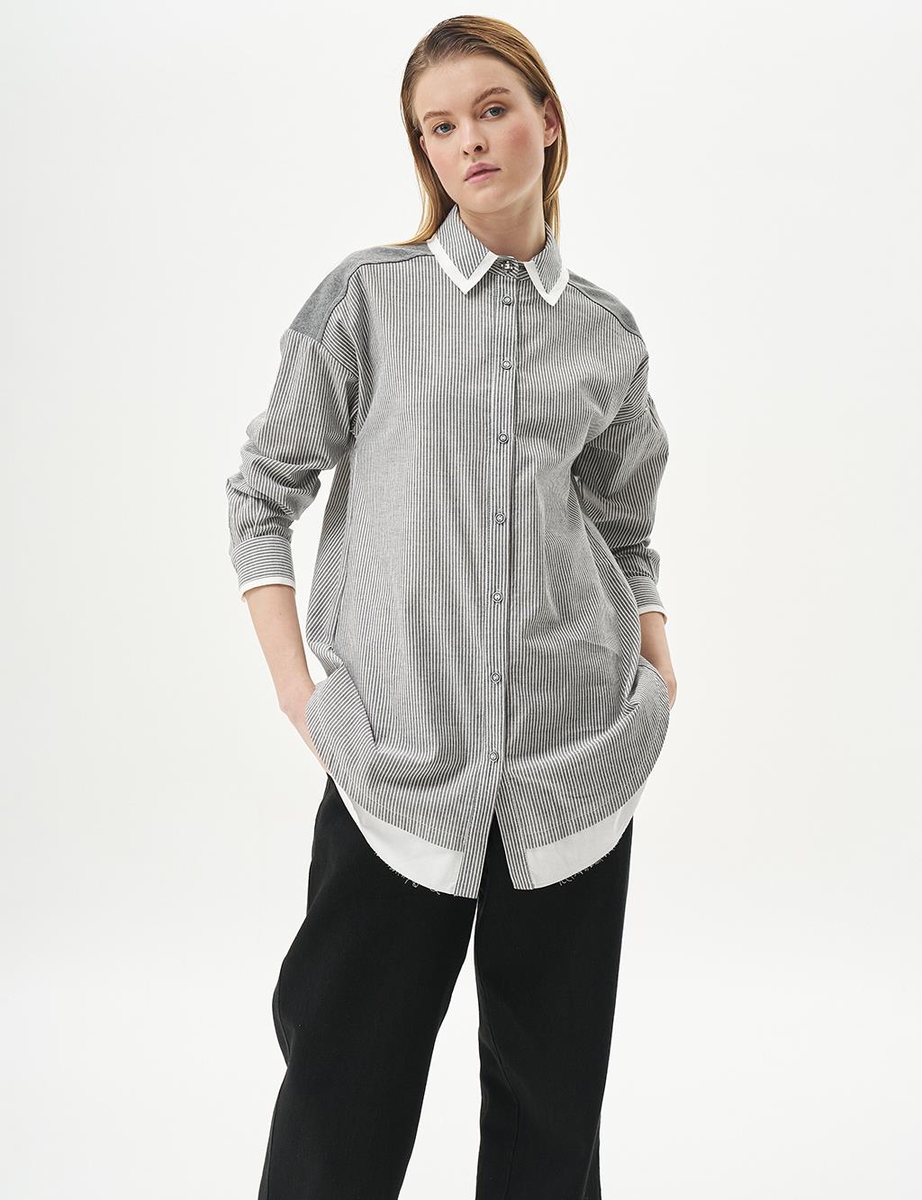 Stripe Pattern Denim Mixed Tunic Black