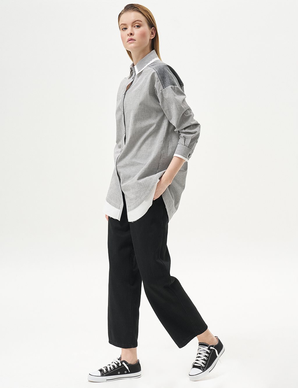 Stripe Pattern Denim Mixed Tunic Black