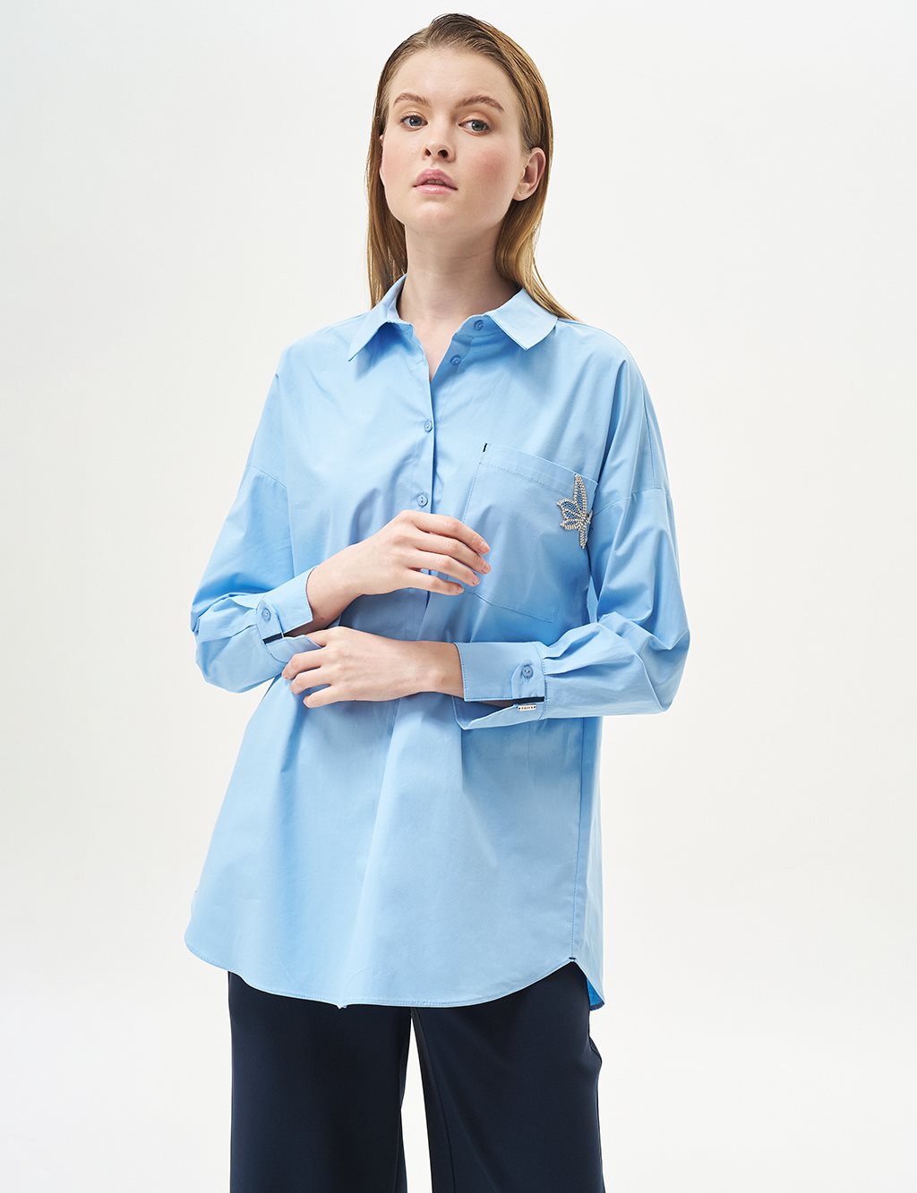 Accessory Detailed Shirt Collar Tunic Dust Smoke