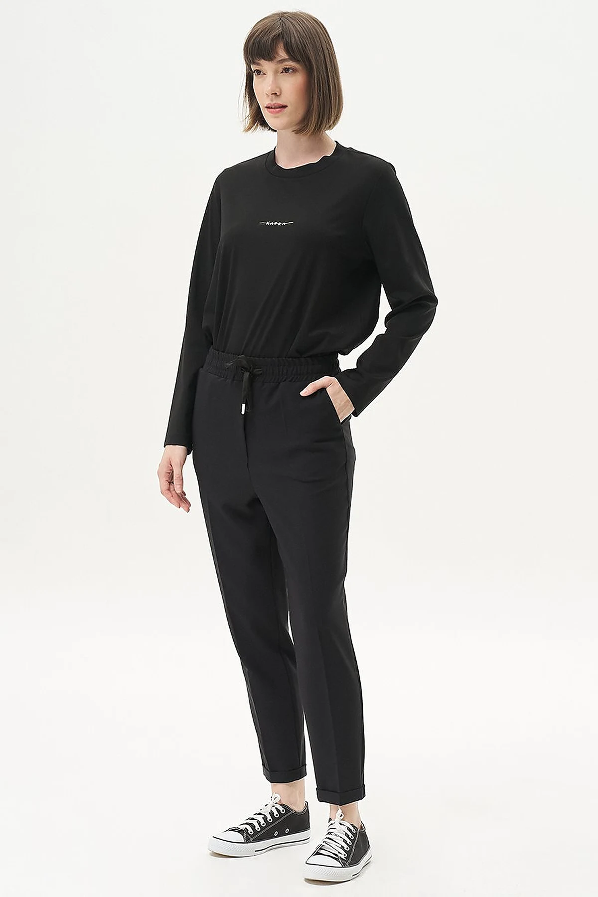 Elasticated Pipe-Leg Pants Black