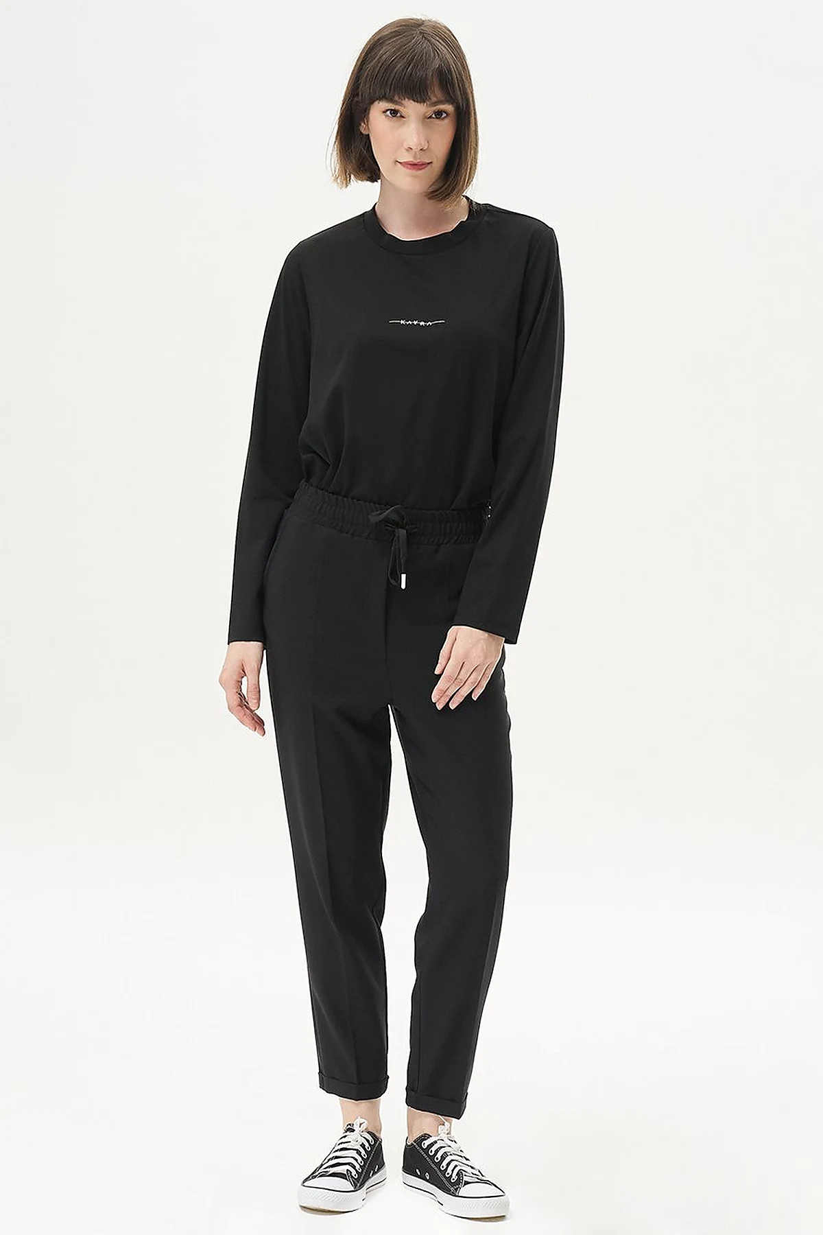 Elasticated Pipe-Leg Pants Black