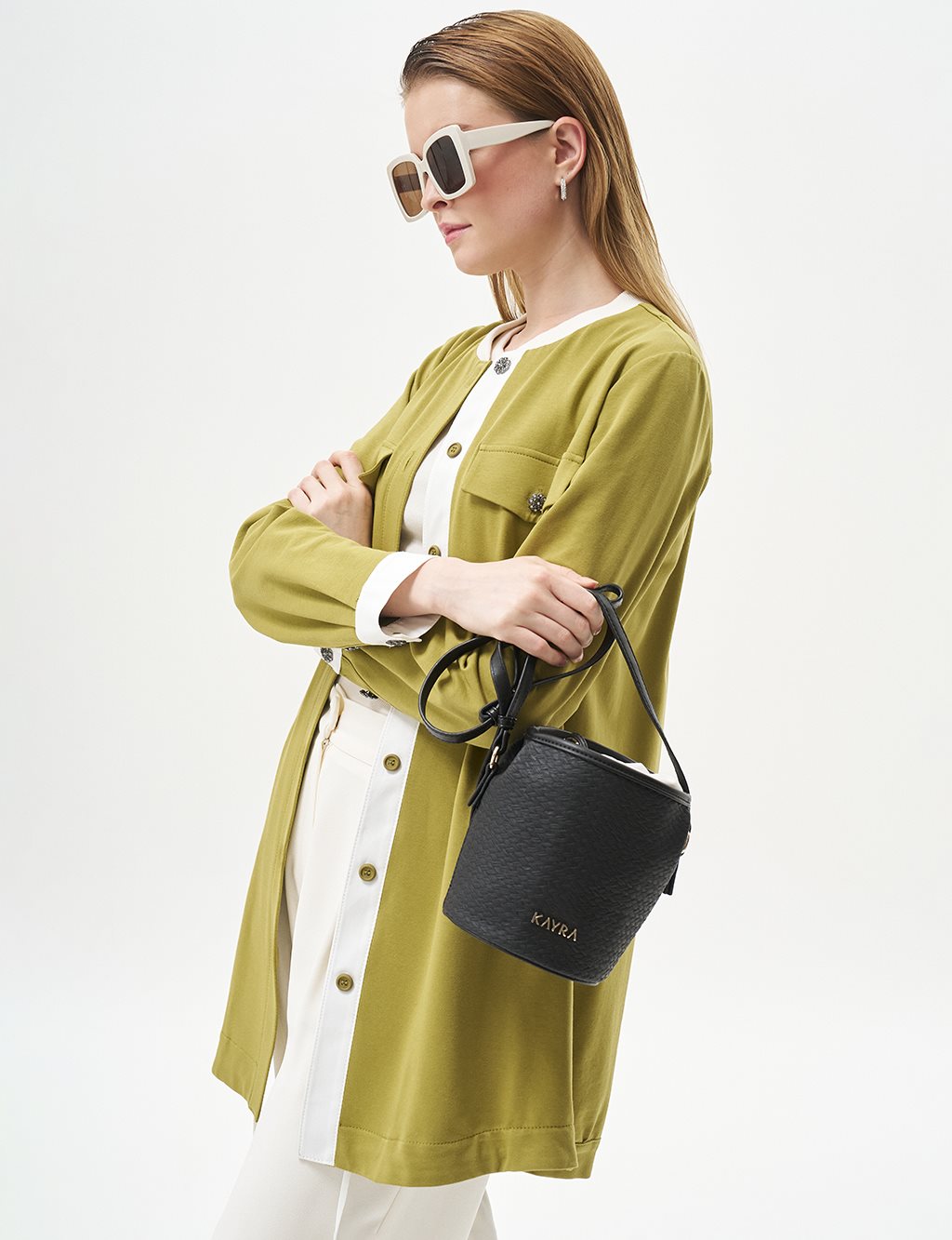 Woven Look Bucket Bag in Black