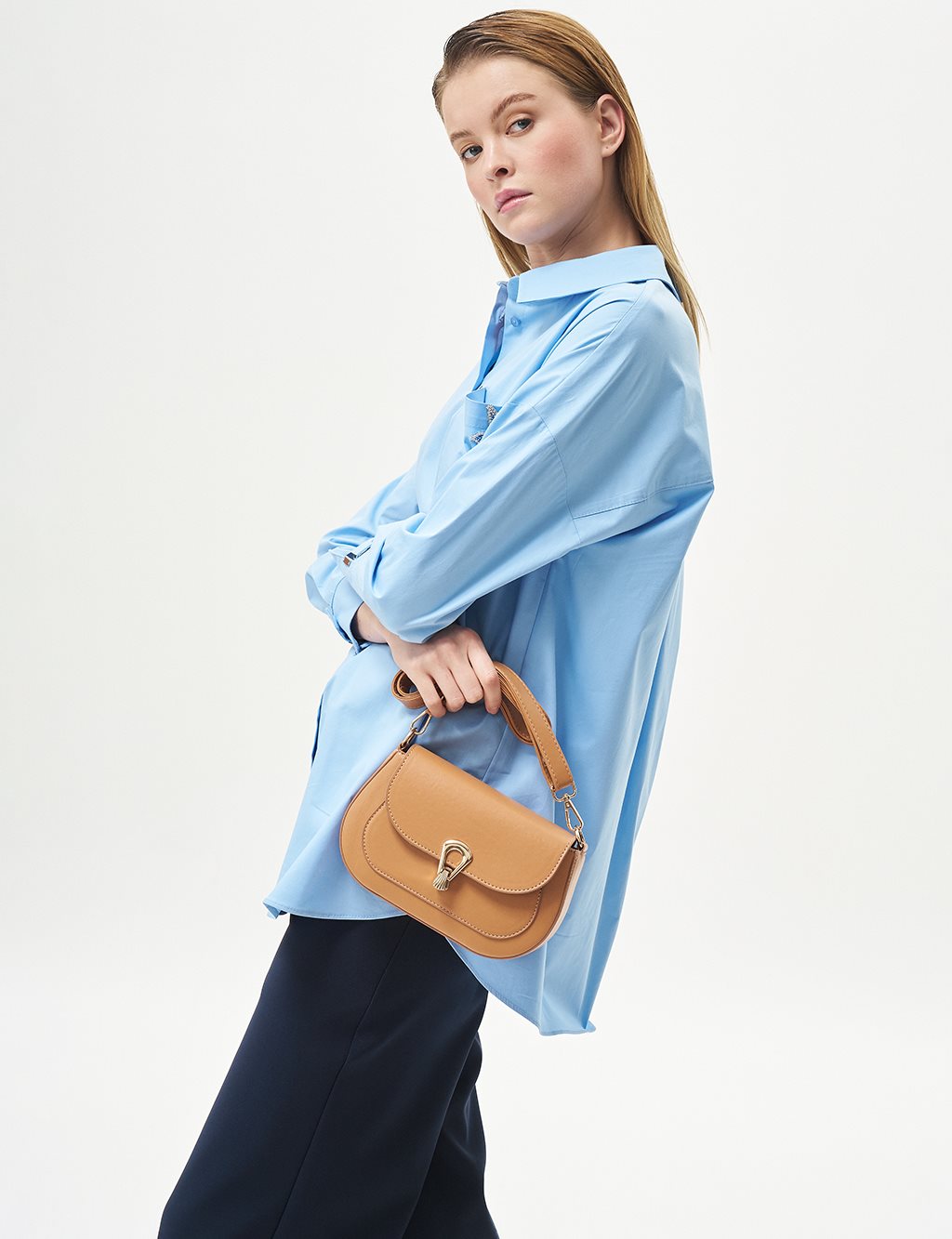 Shoulder Bag with Metal Buckle Camel