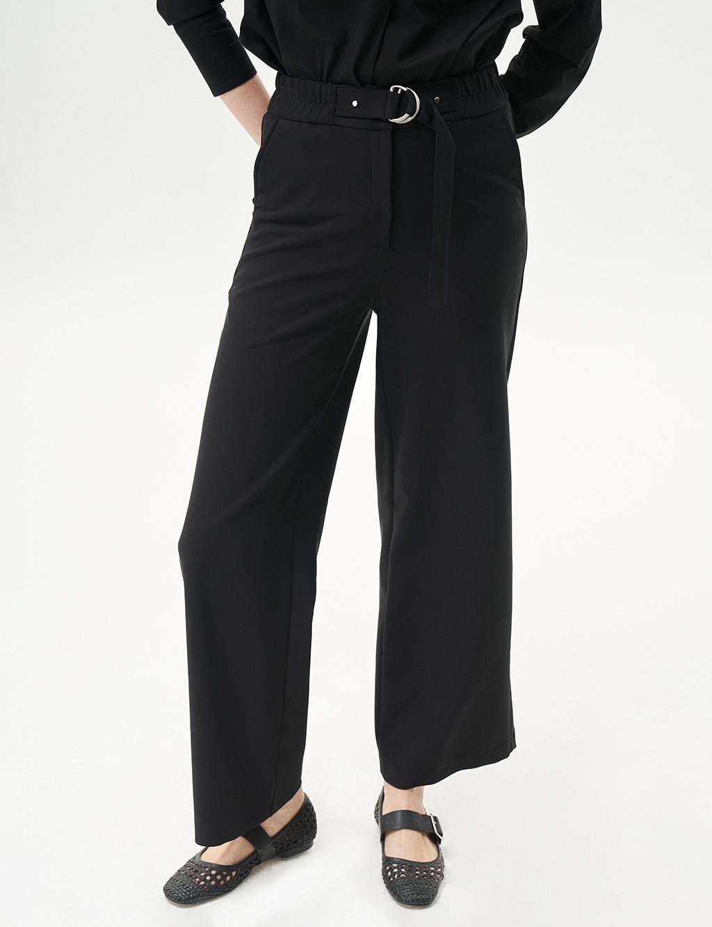 Adjustable Waist Wide Leg Trousers Black