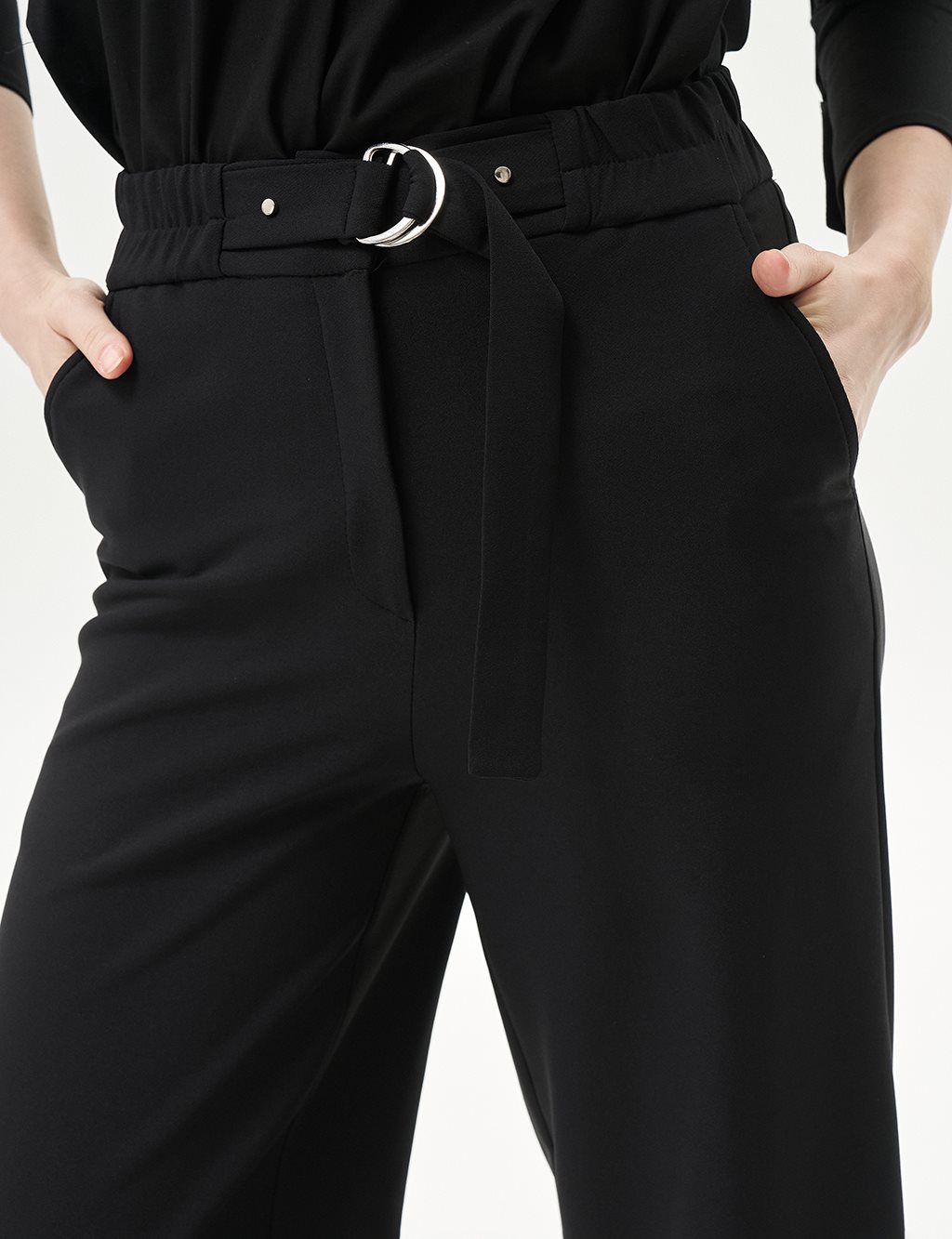 Adjustable Waist Wide Leg Trousers Black