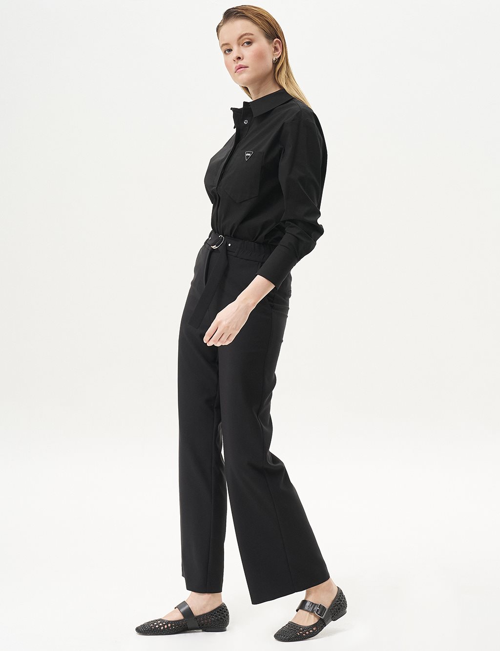 Adjustable Waist Wide Leg Trousers Black