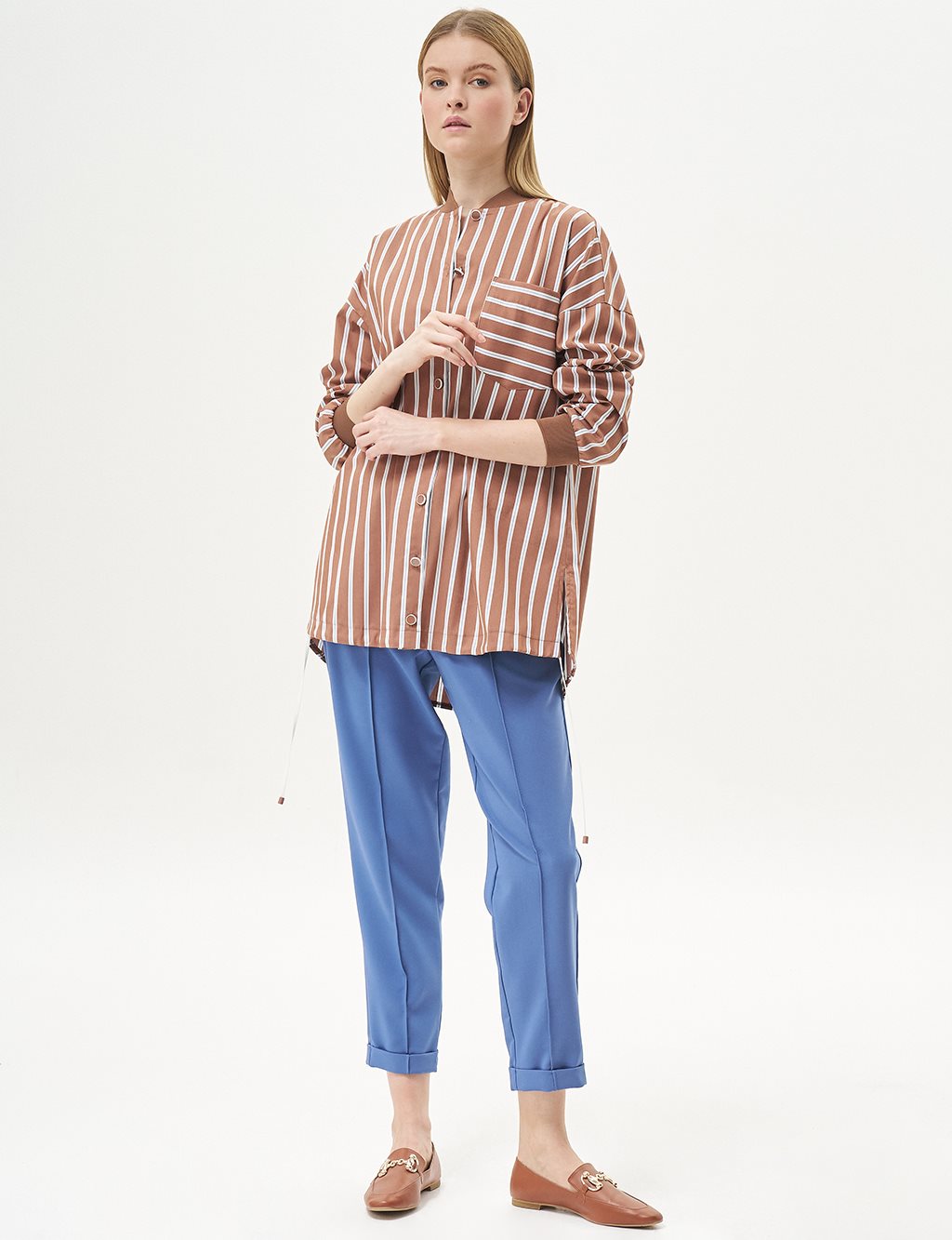 College Neck Stripe Pattern Tunic Tobacco