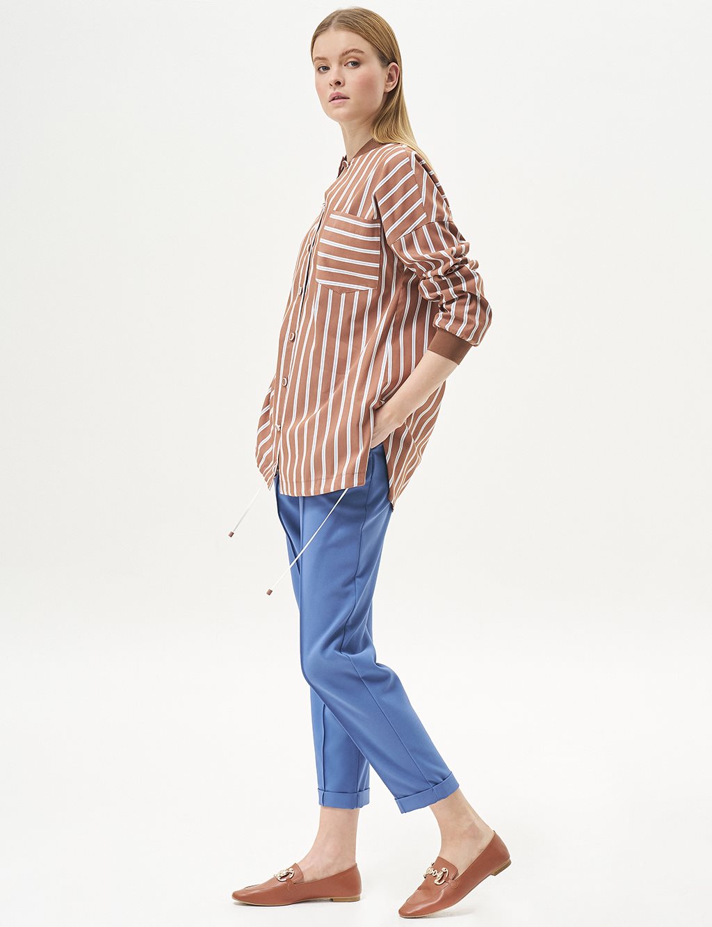 College Neck Stripe Pattern Tunic Tobacco