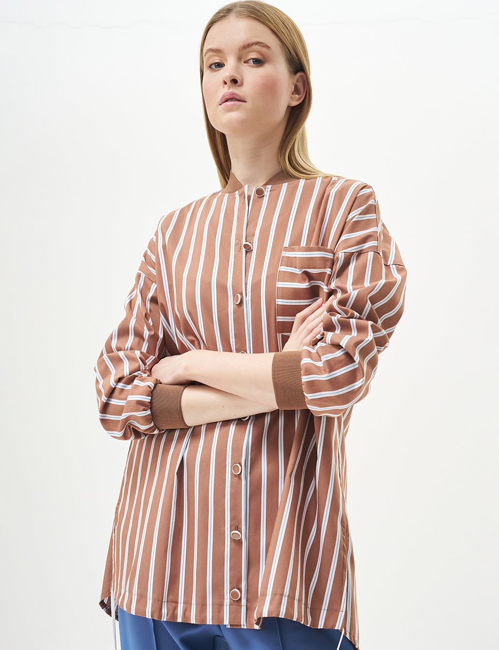 College Neck Stripe Pattern Tunic Tobacco