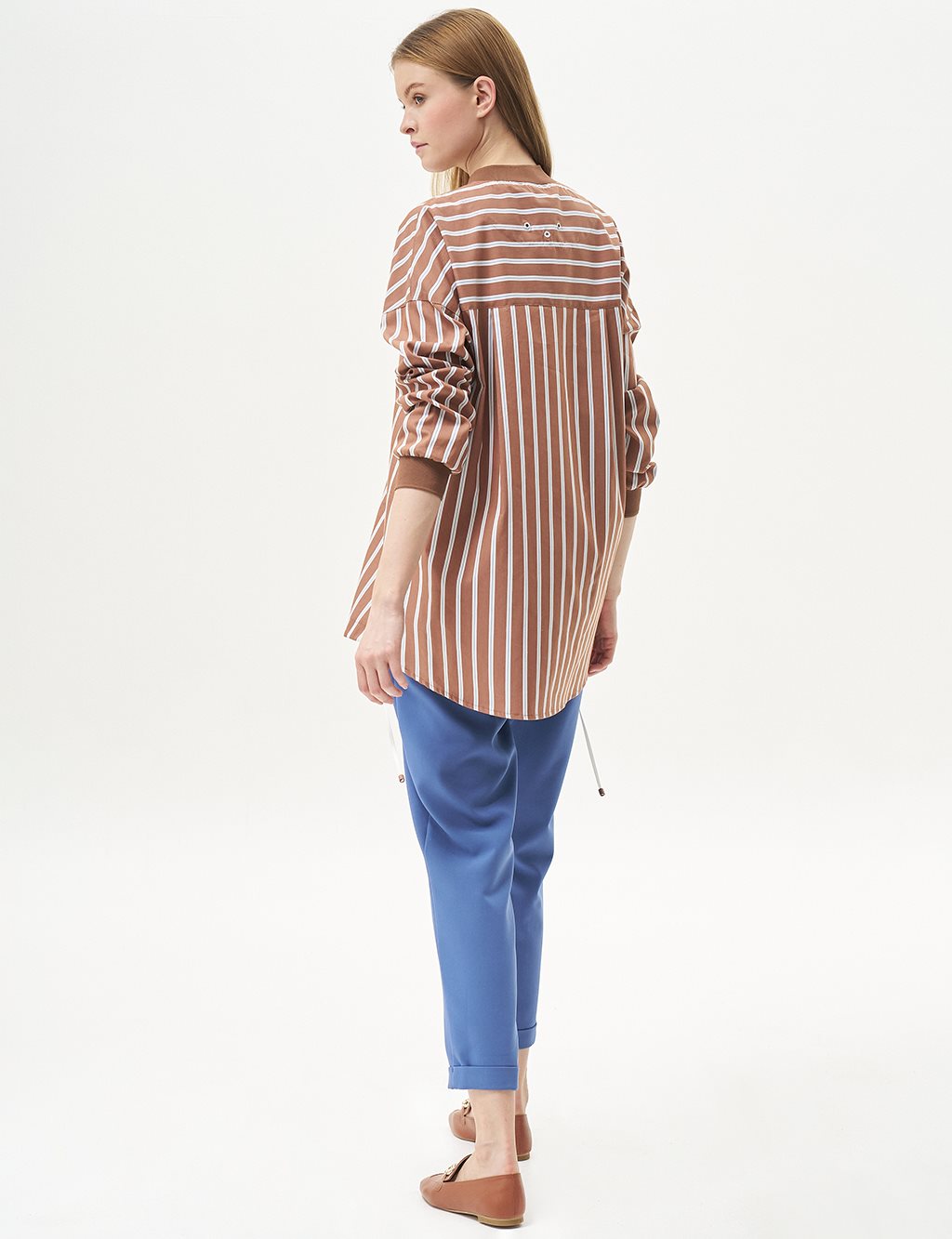 College Neck Stripe Pattern Tunic Tobacco