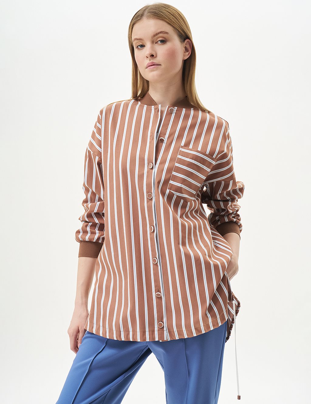 College Neck Stripe Pattern Tunic Tobacco