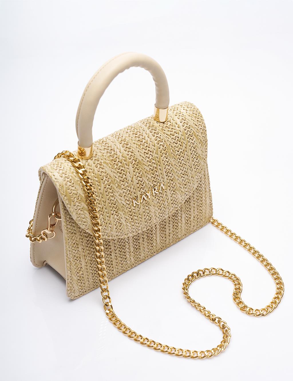 Covered Straw Knit Shoulder Bag Cream