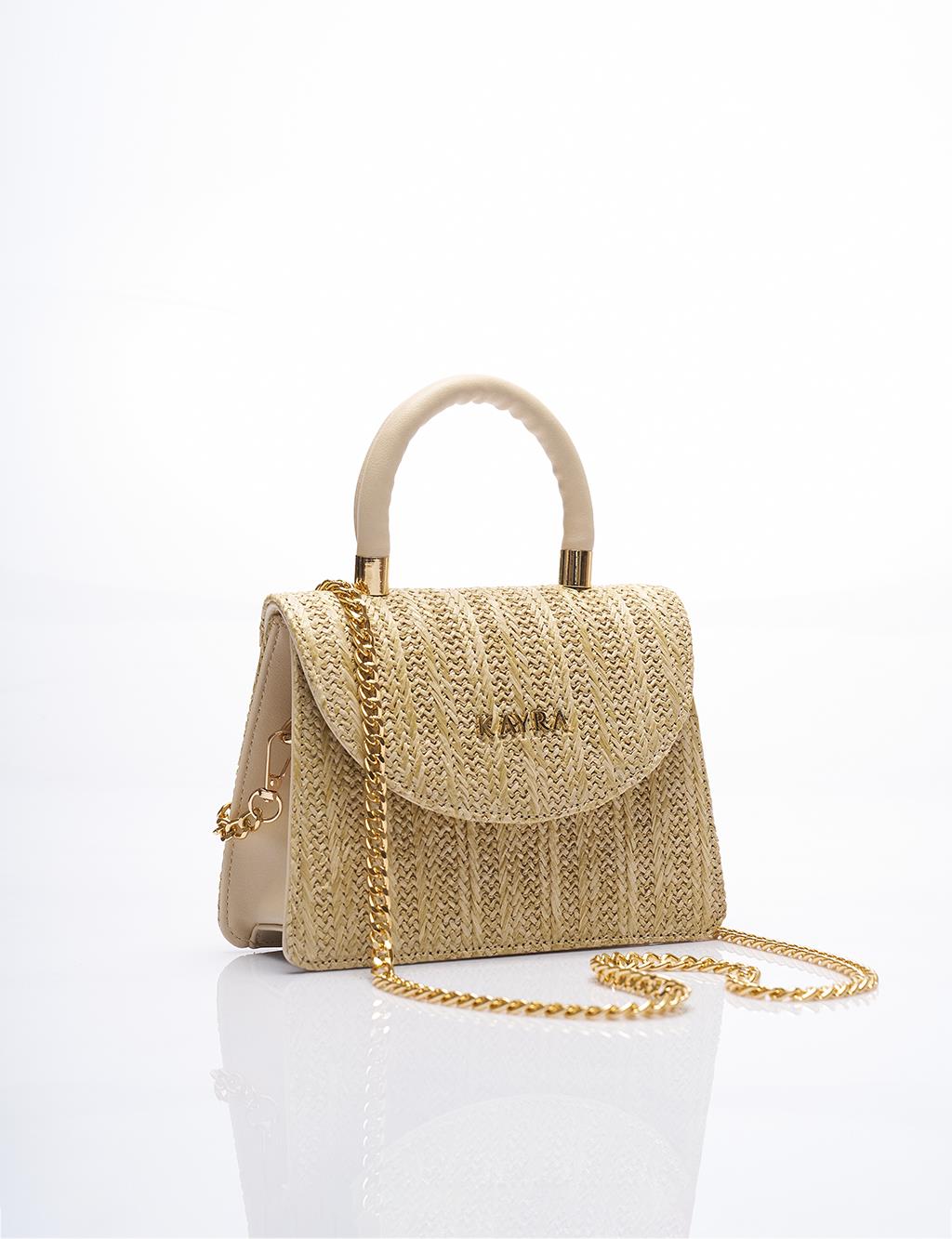 Covered Straw Knit Shoulder Bag Cream