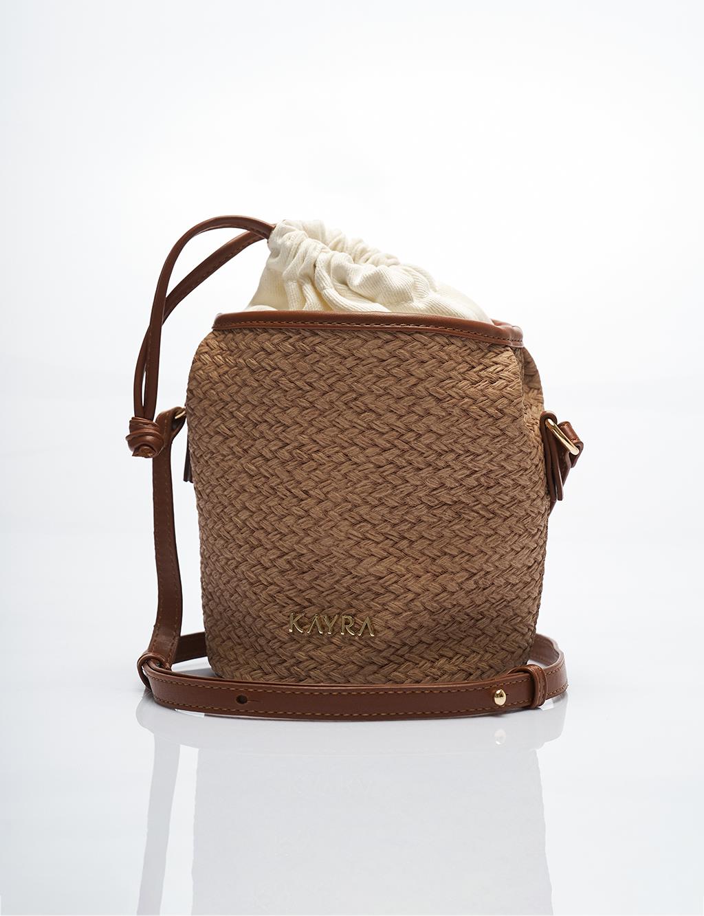  Woven Look Bucket Bag in Beige-Brown