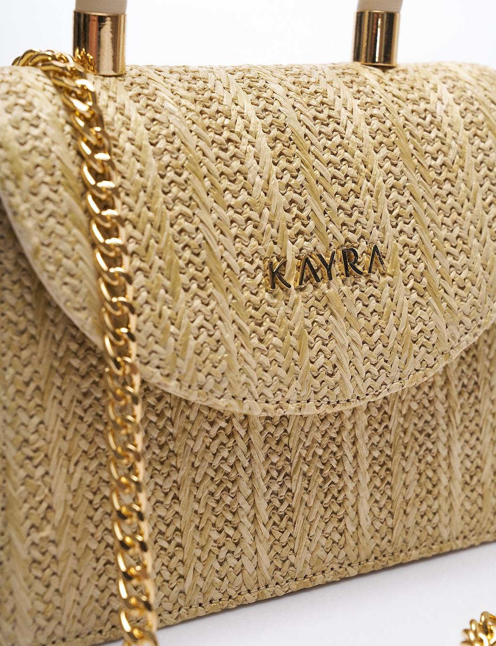 Covered Straw Knit Shoulder Bag Cream