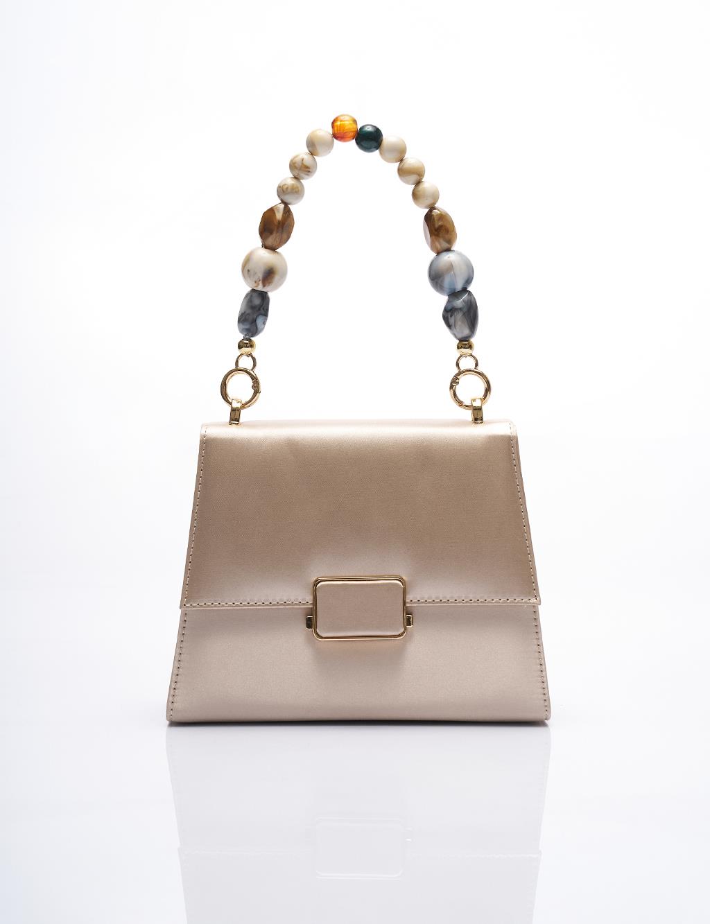 Beaded Cover Satin Bag with Metal Accessories Gray