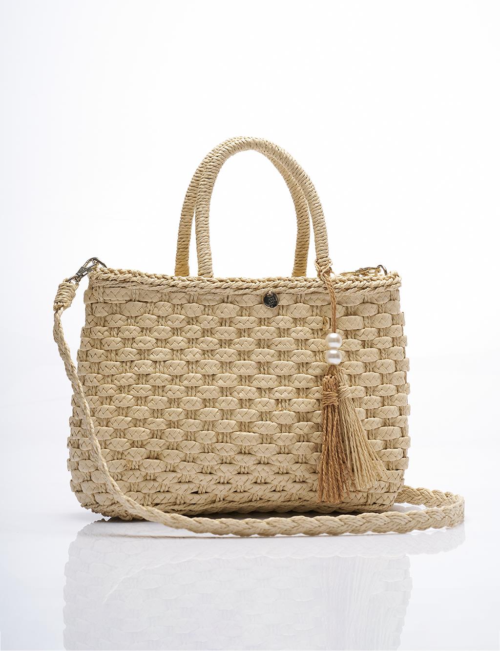 Pearl Detailed Straw Bag Cream