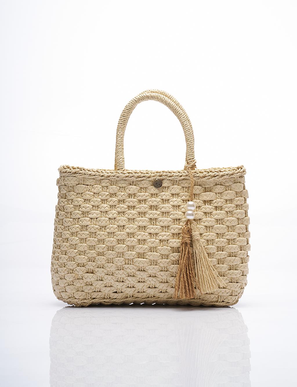 Pearl Detailed Straw Bag Cream