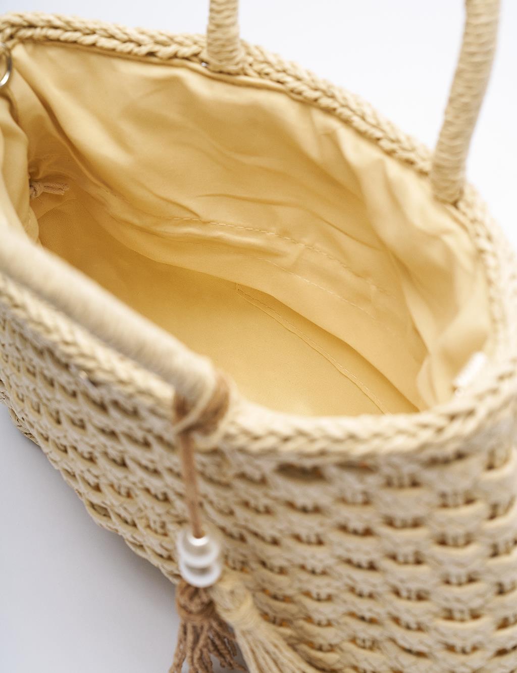 Pearl Detailed Straw Bag Cream