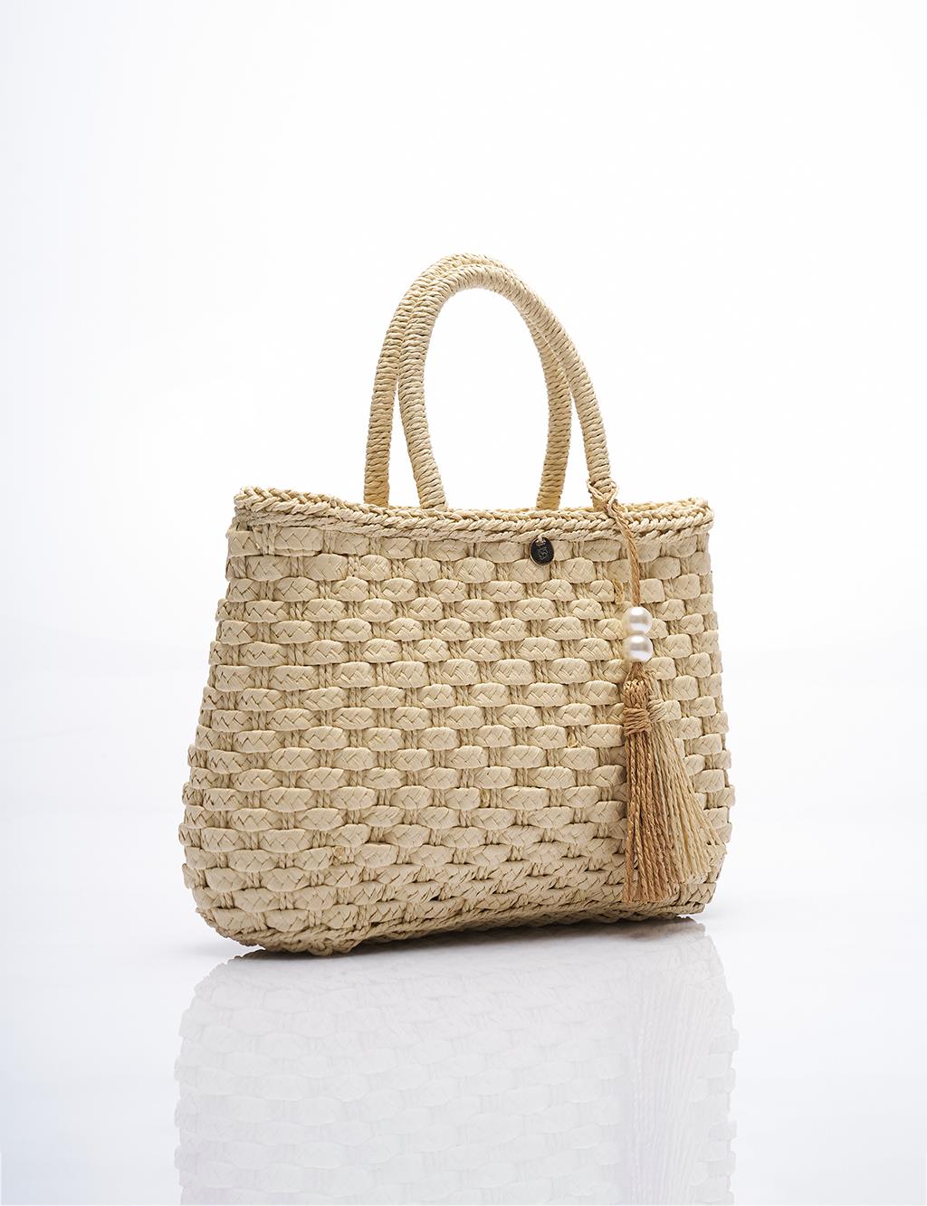 Pearl Detailed Straw Bag Cream