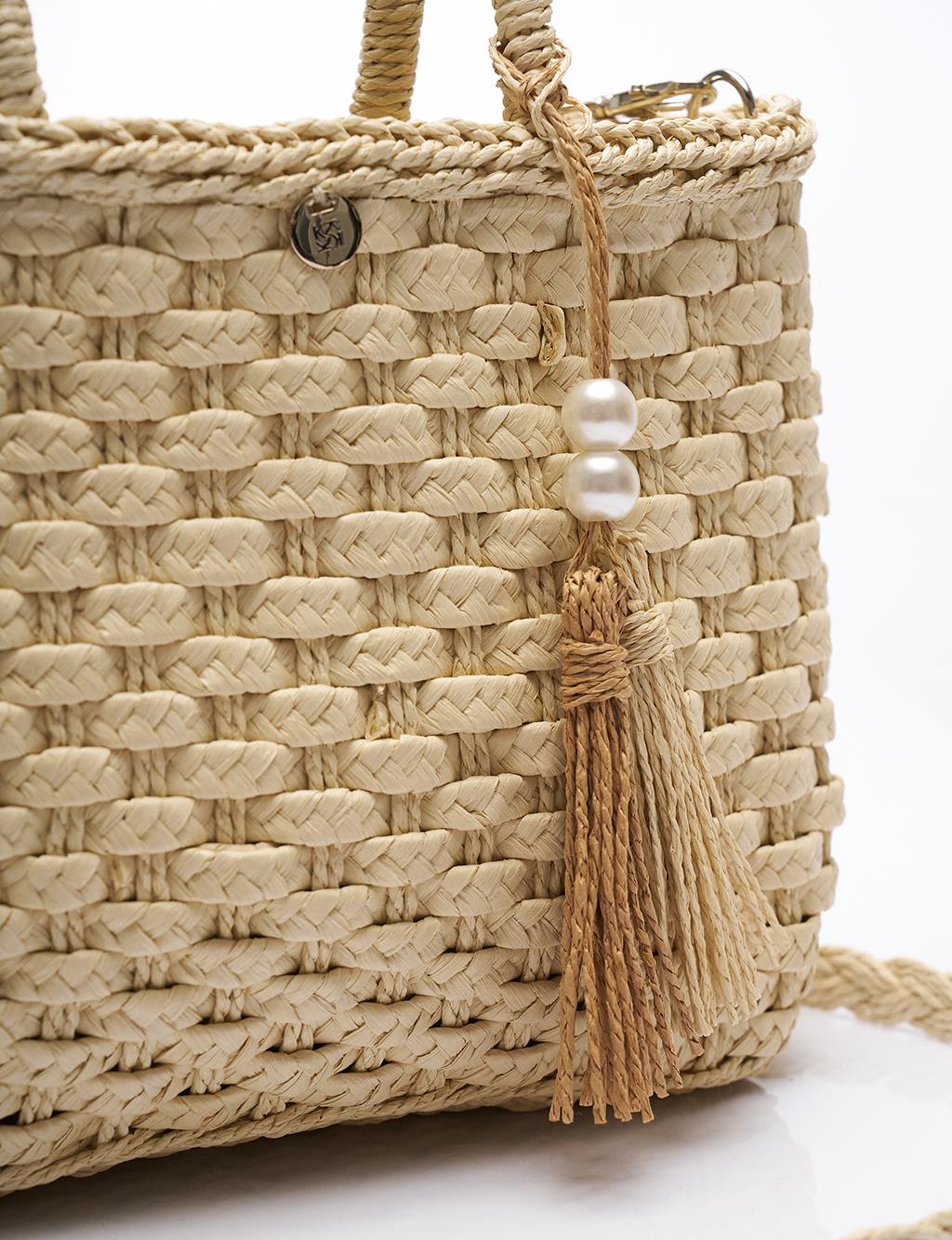 Pearl Detailed Straw Bag Cream