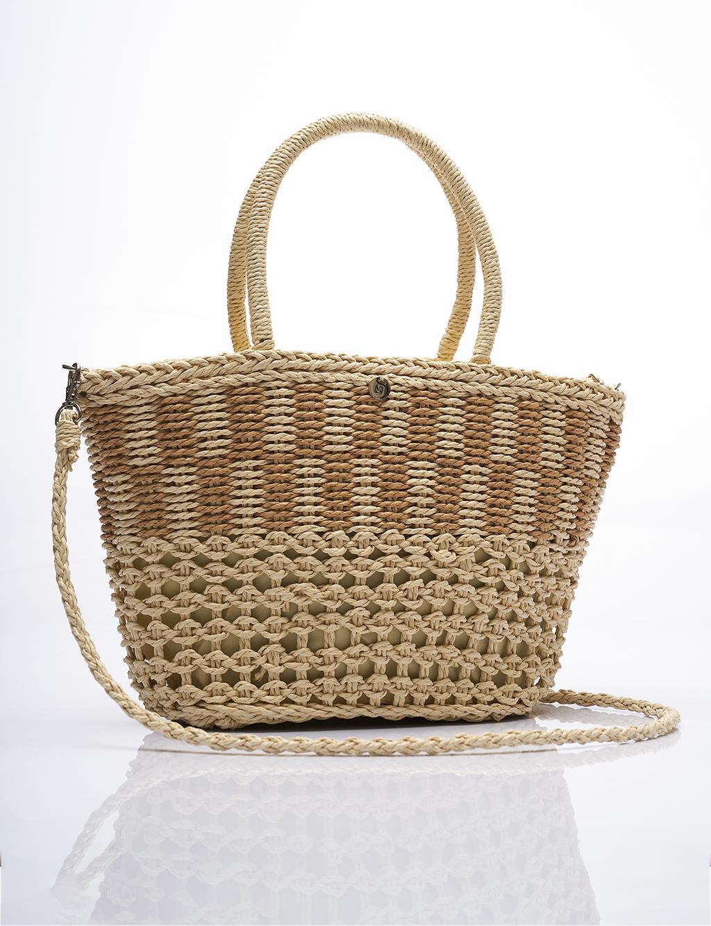 Double Braided Straw Tote Bag Cream