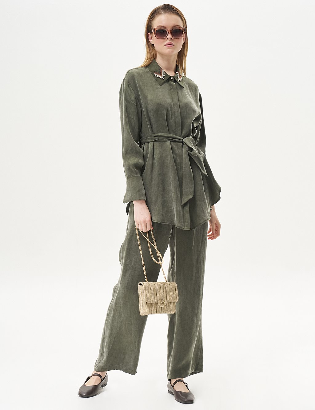 Embroidered Collar Cupra Two-Piece Set in Khaki