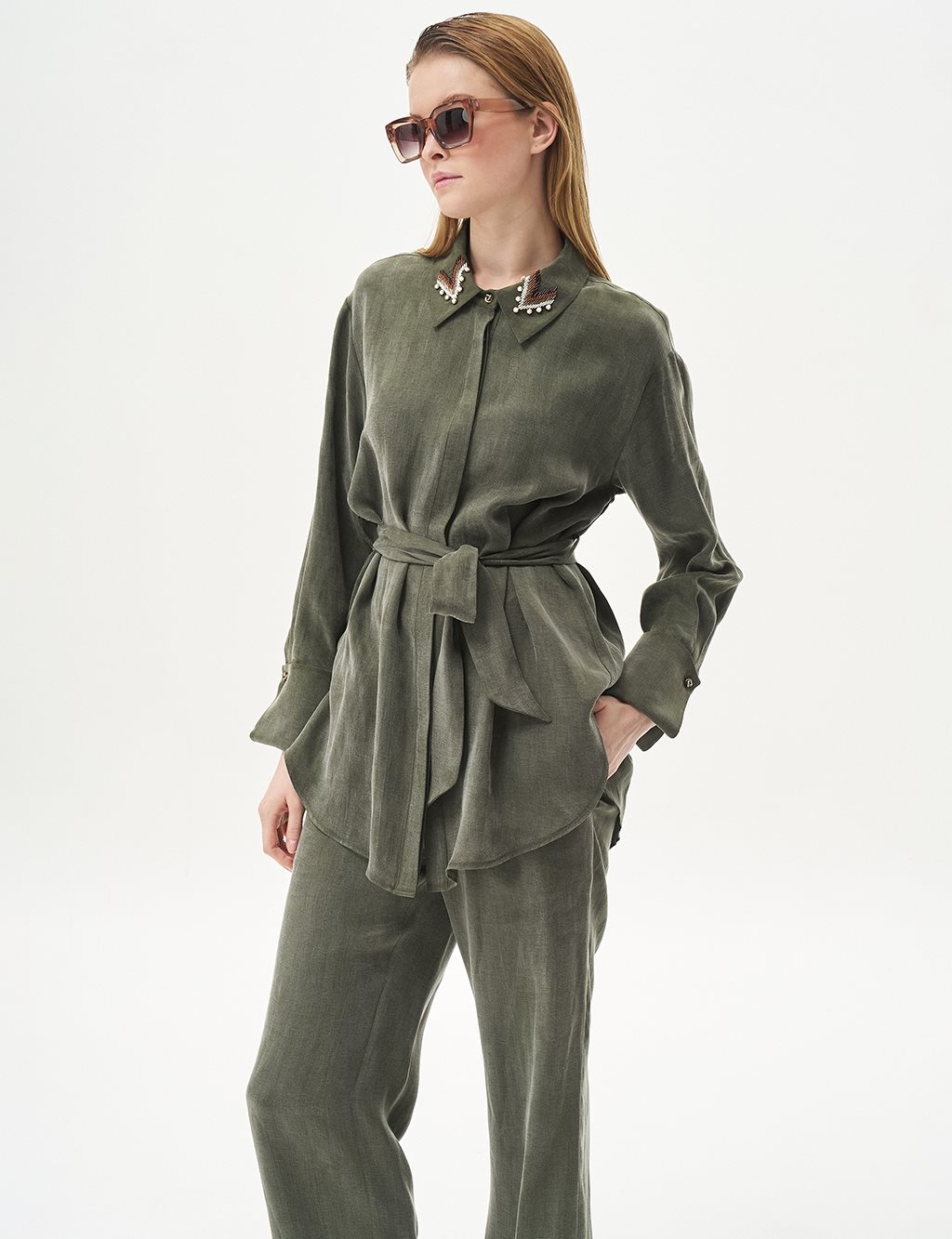 Embroidered Collar Cupra Two-Piece Set in Khaki