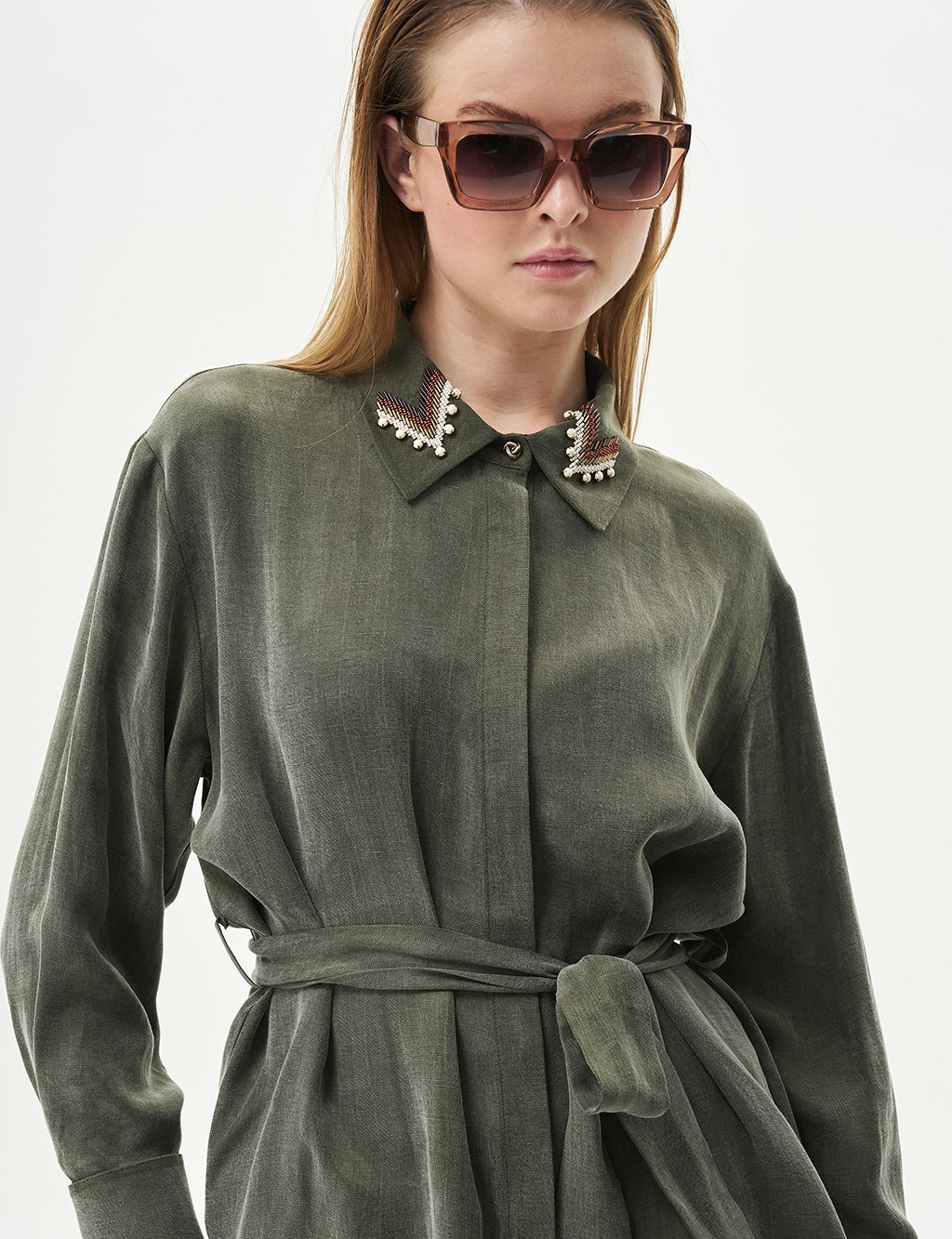 Embroidered Collar Cupra Two-Piece Set in Khaki