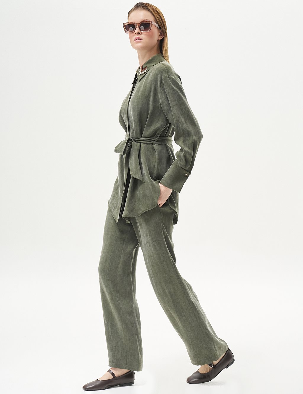 Embroidered Collar Cupra Two-Piece Set in Khaki