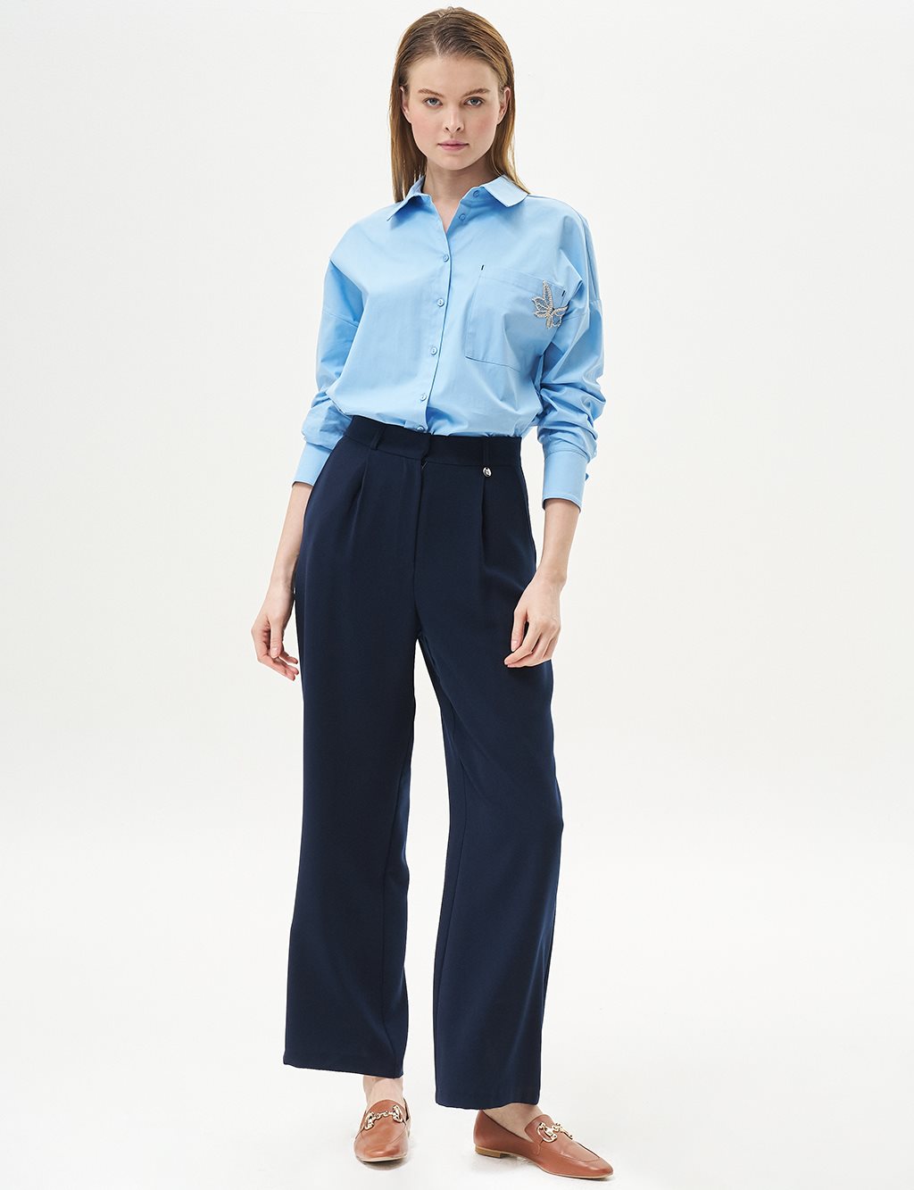  Pleated Pocket Detail Basic Pants Navy Blue