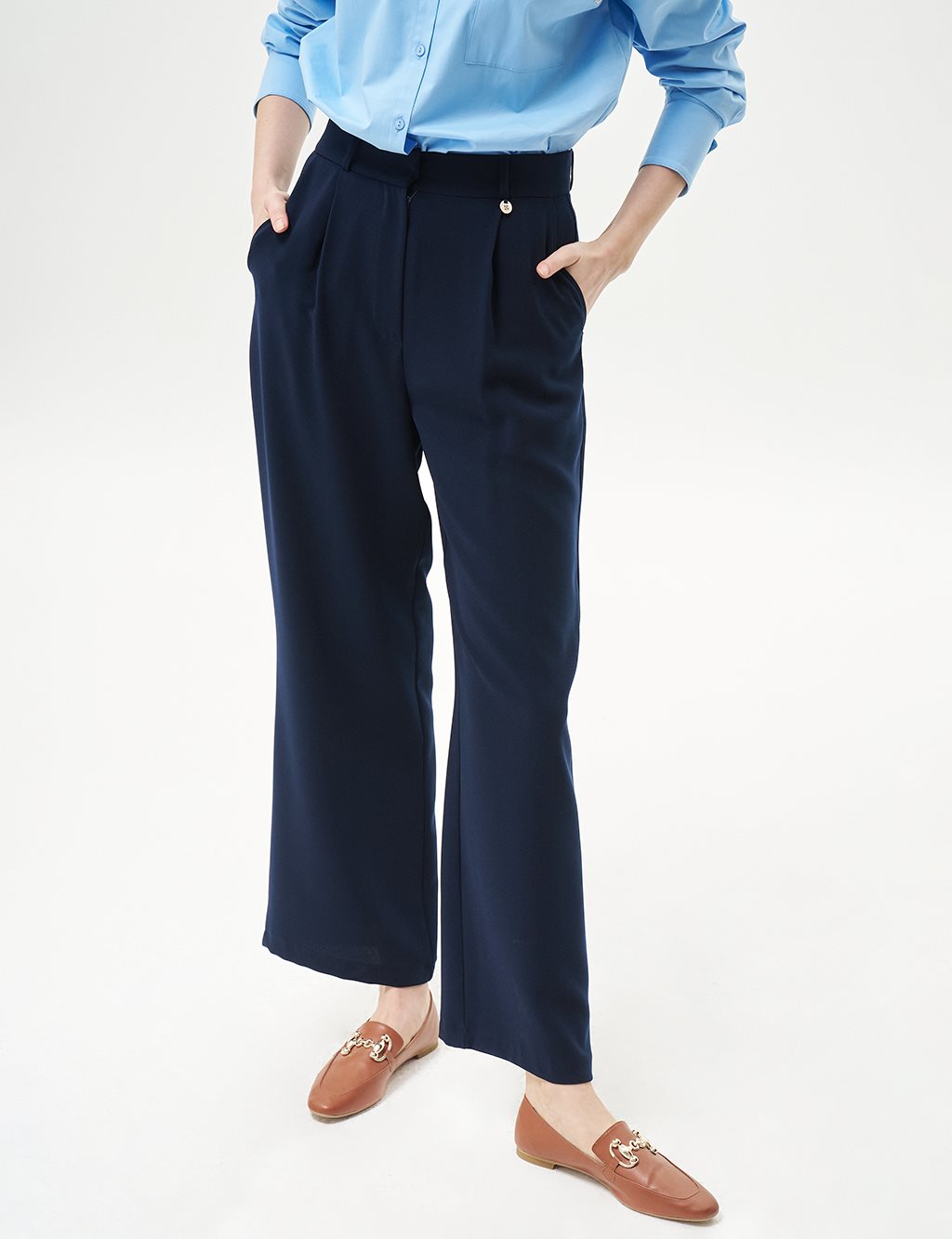  Pleated Pocket Detail Basic Pants Navy Blue