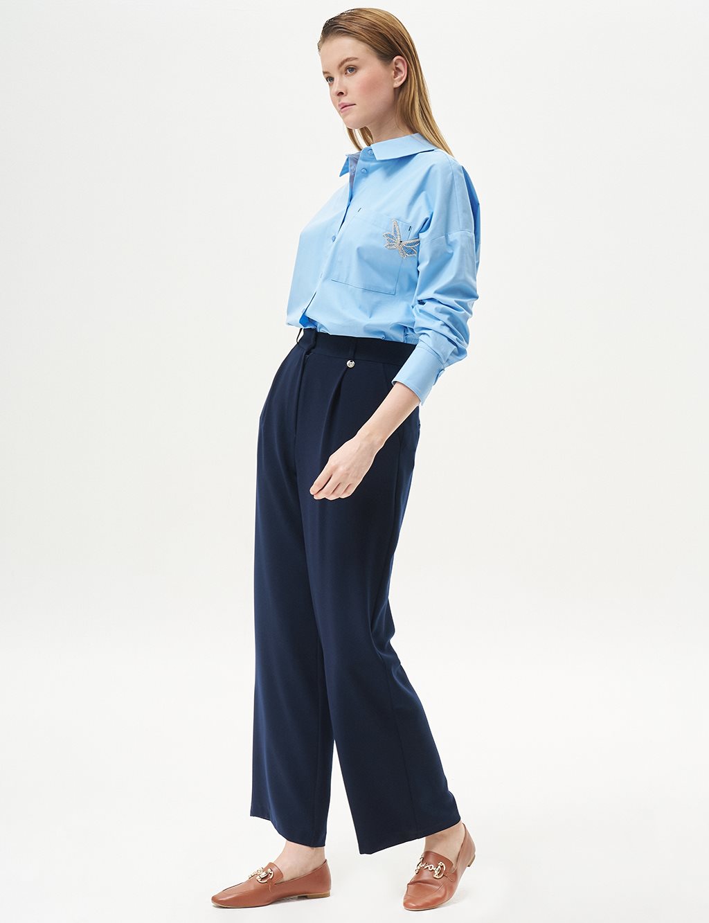  Pleated Pocket Detail Basic Pants Navy Blue