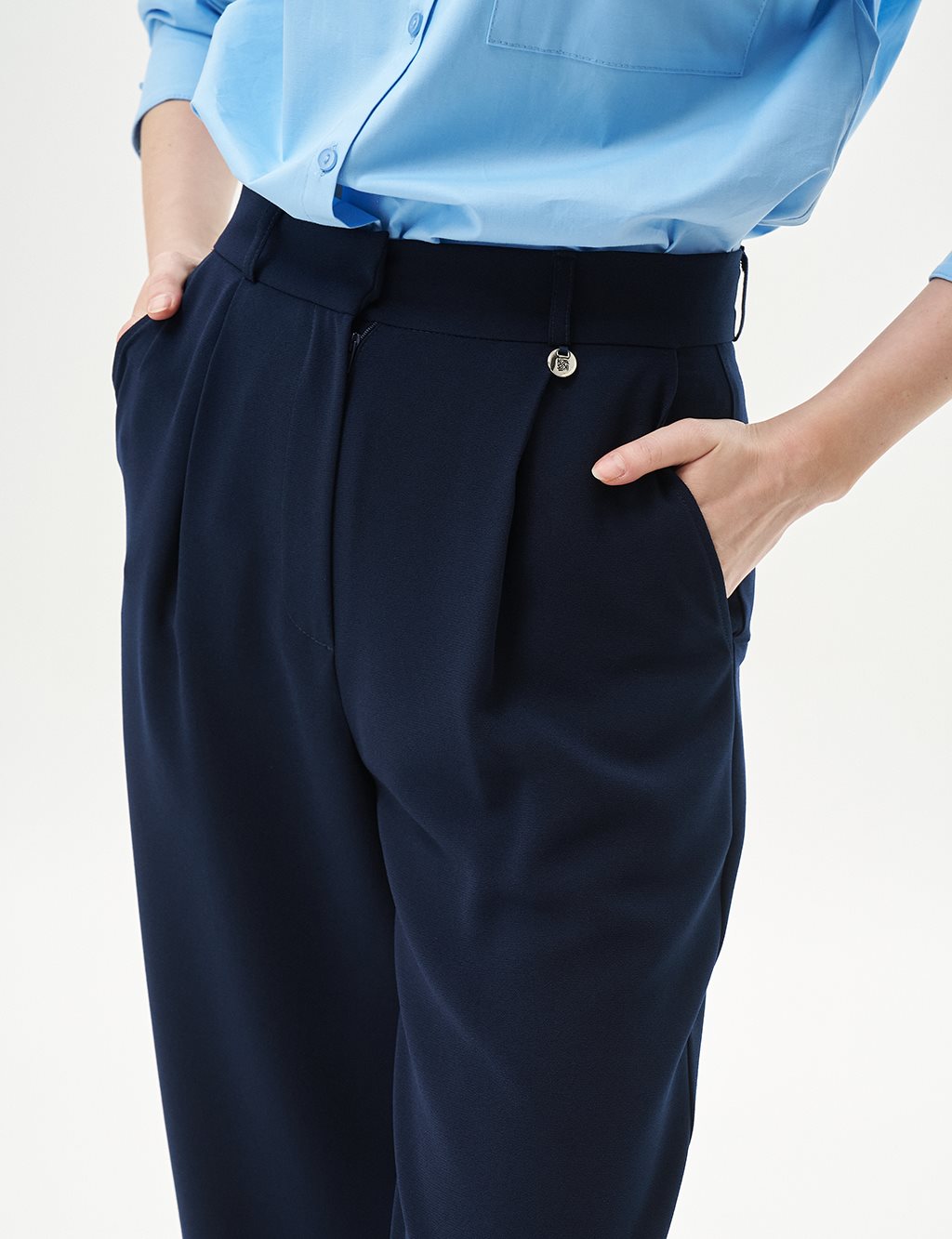  Pleated Pocket Detail Basic Pants Navy Blue