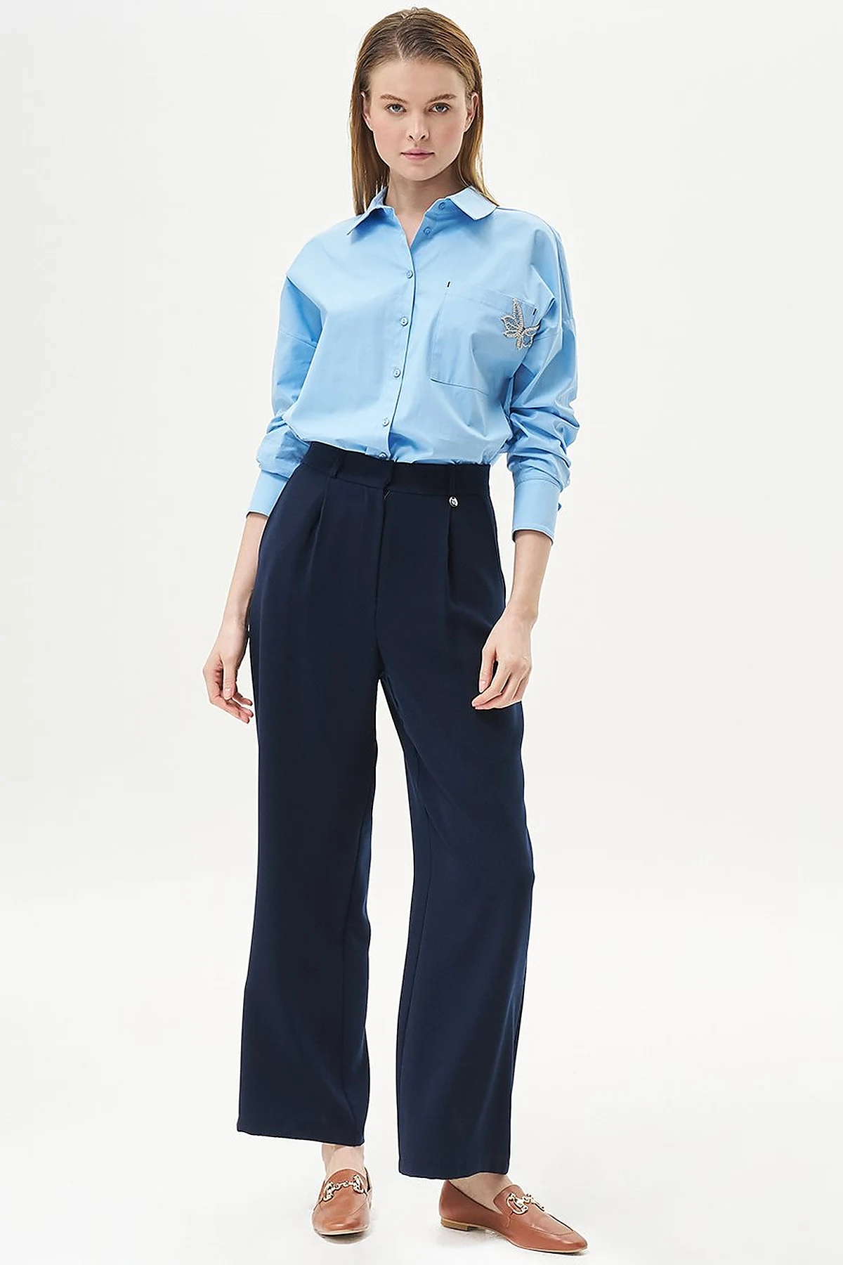  Pleated Pocket Detail Basic Pants Navy Blue