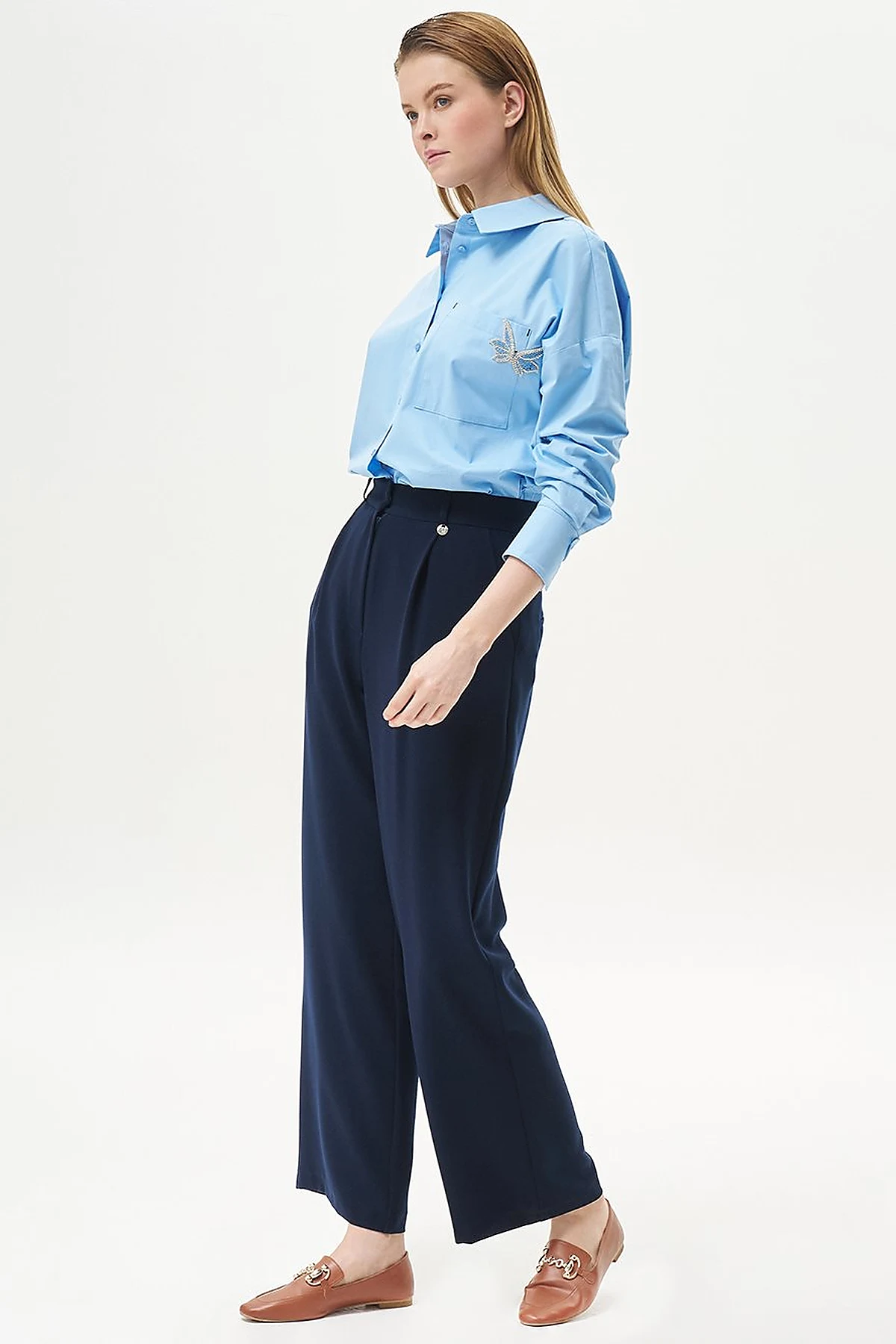  Pleated Pocket Detail Basic Pants Navy Blue