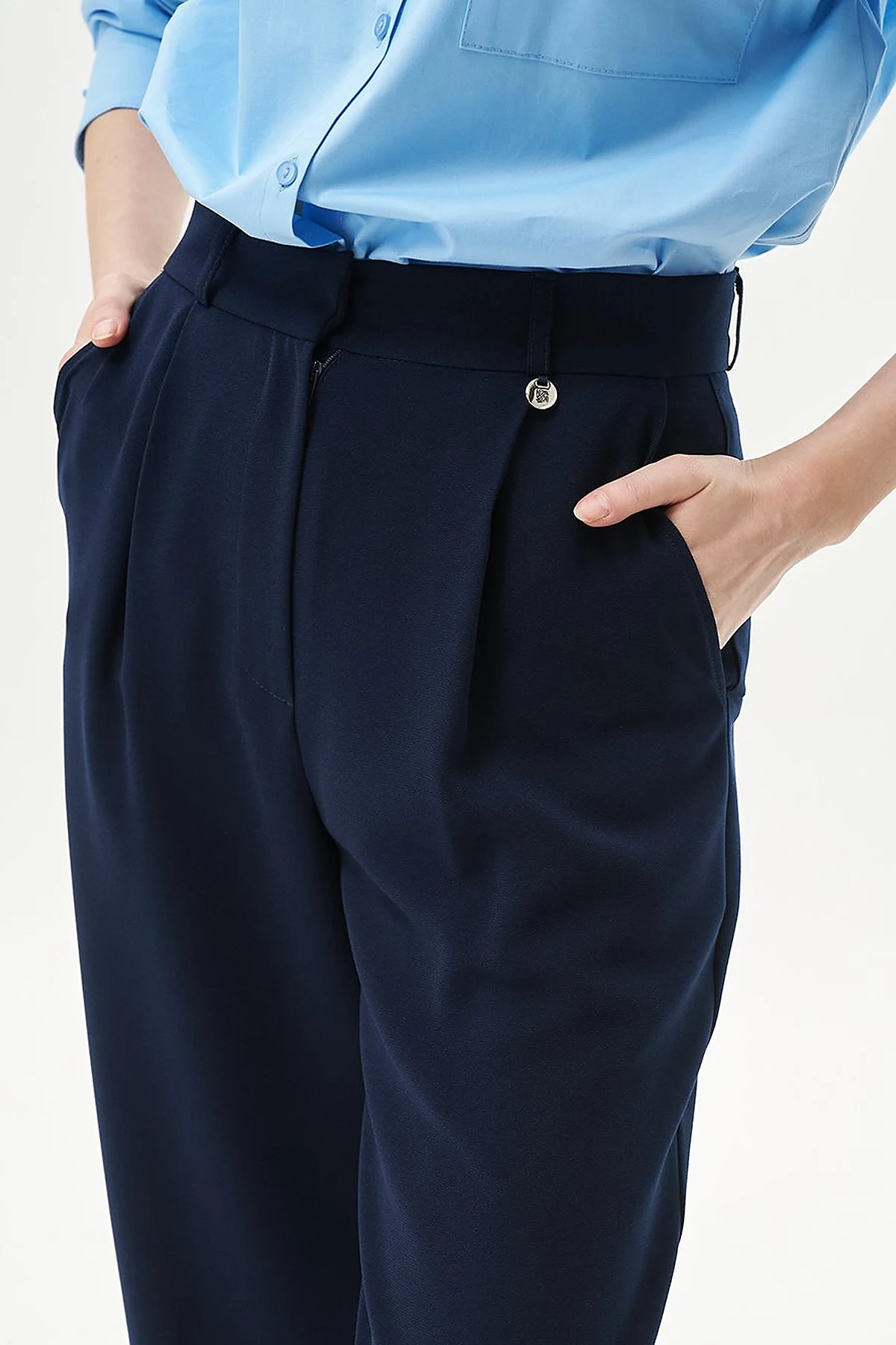  Pleated Pocket Detail Basic Pants Navy Blue