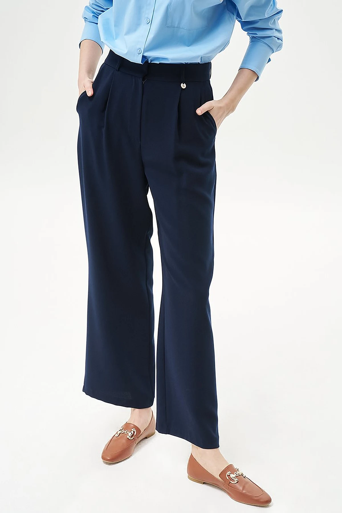  Pleated Pocket Detail Basic Pants Navy Blue