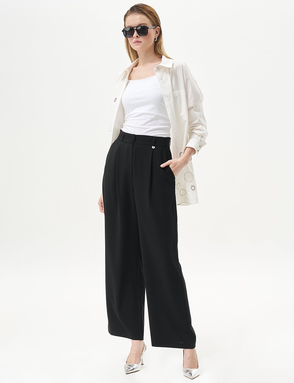 Pleated Pocket Detail Basic Pants Black