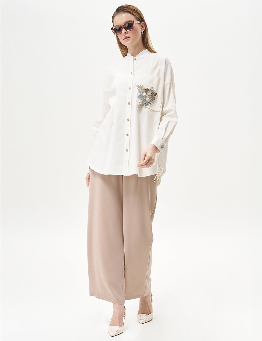 Pleated Pocket Detail Basic Pants Beige