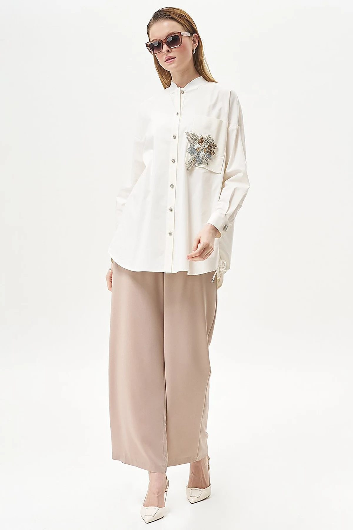Pleated Pocket Detail Basic Pants Beige