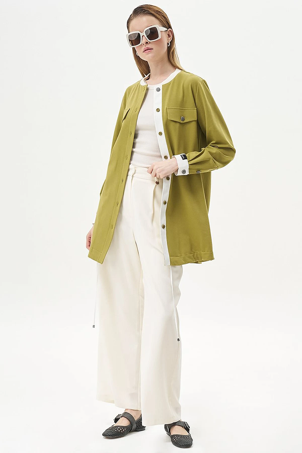 Pleated Pocket Detail Basic Pants Ecru