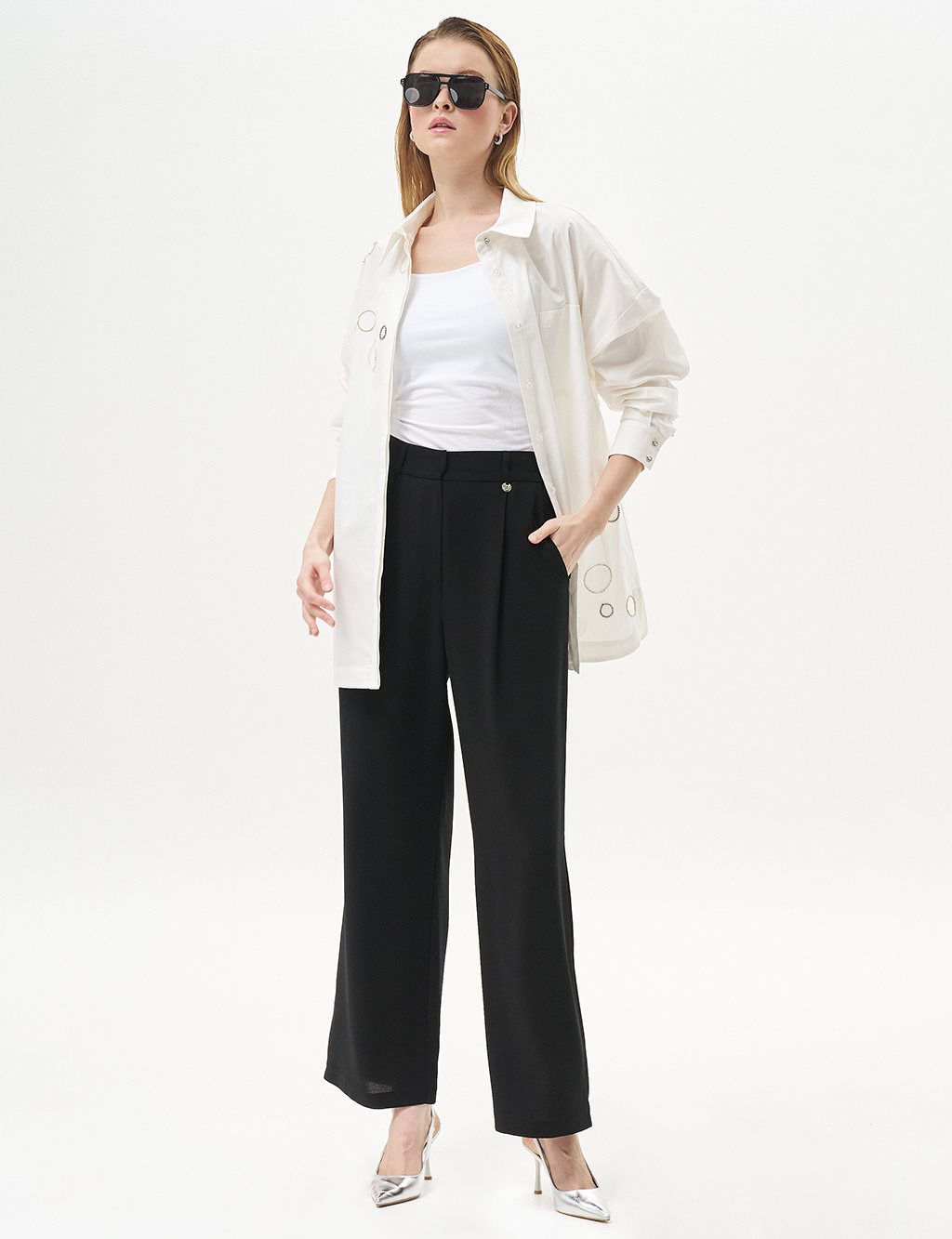 Pleated Pocket Detail Basic Pants Black