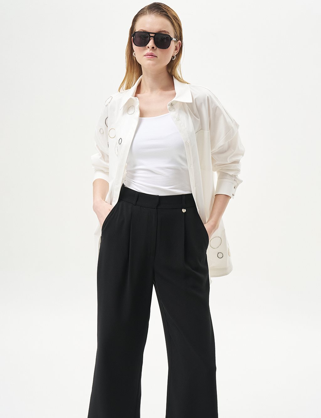 Pleated Pocket Detail Basic Pants Black