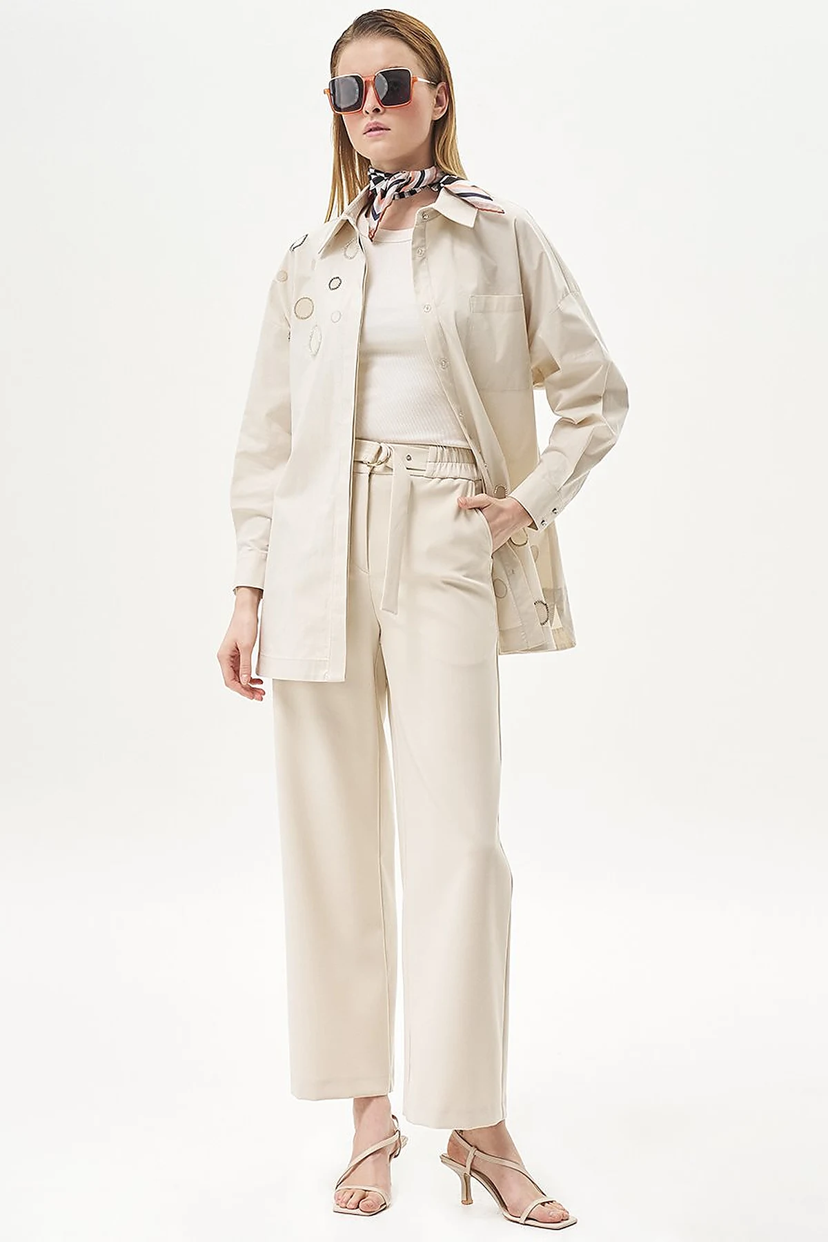 Adjustable Waist Wide Leg Trousers Cream